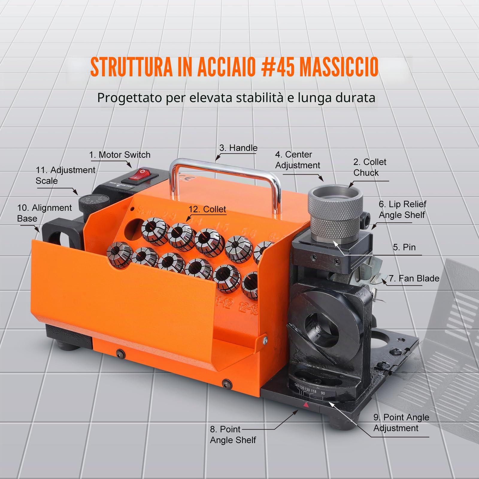 VEVOR Affilatrice per punte da trapano, affilatrice per punte da trapano da 3-13 mm, angolo di rilievo del labbro e angolo di 95°-135°, affilatrice portatile con 11 pinze, ruota CBN e SDC
