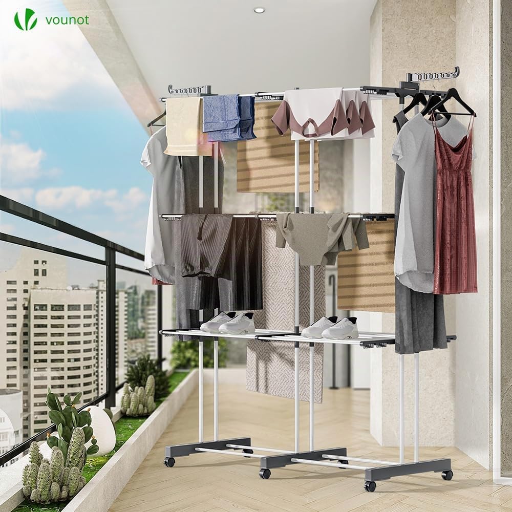 VOUNOT® 2 in 1 Stendino Verticale Salvaspazio Allungabile, 3 Livelli Stendibiancheria a Torre Pieghevole con Ruote, 12 Ali e 2 Bracci Estensibili per Interno ed Esterno, Bianco