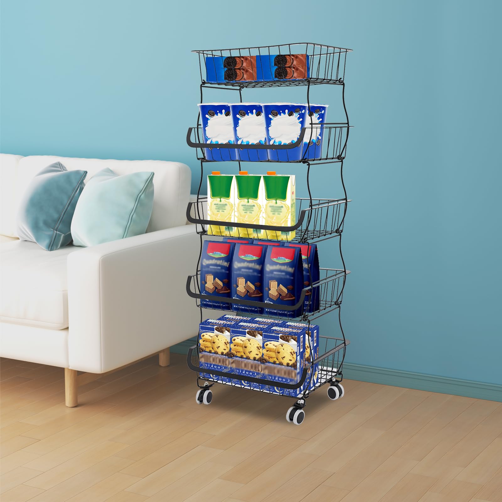 Carrito de cocina de 5 niveles, apilable, cesta de frutas, capacidad de carga de aproximadamente 22,05 libras, se puede mover a voluntad, diseño de rejilla y bandeja de recogida de agua, para colocar