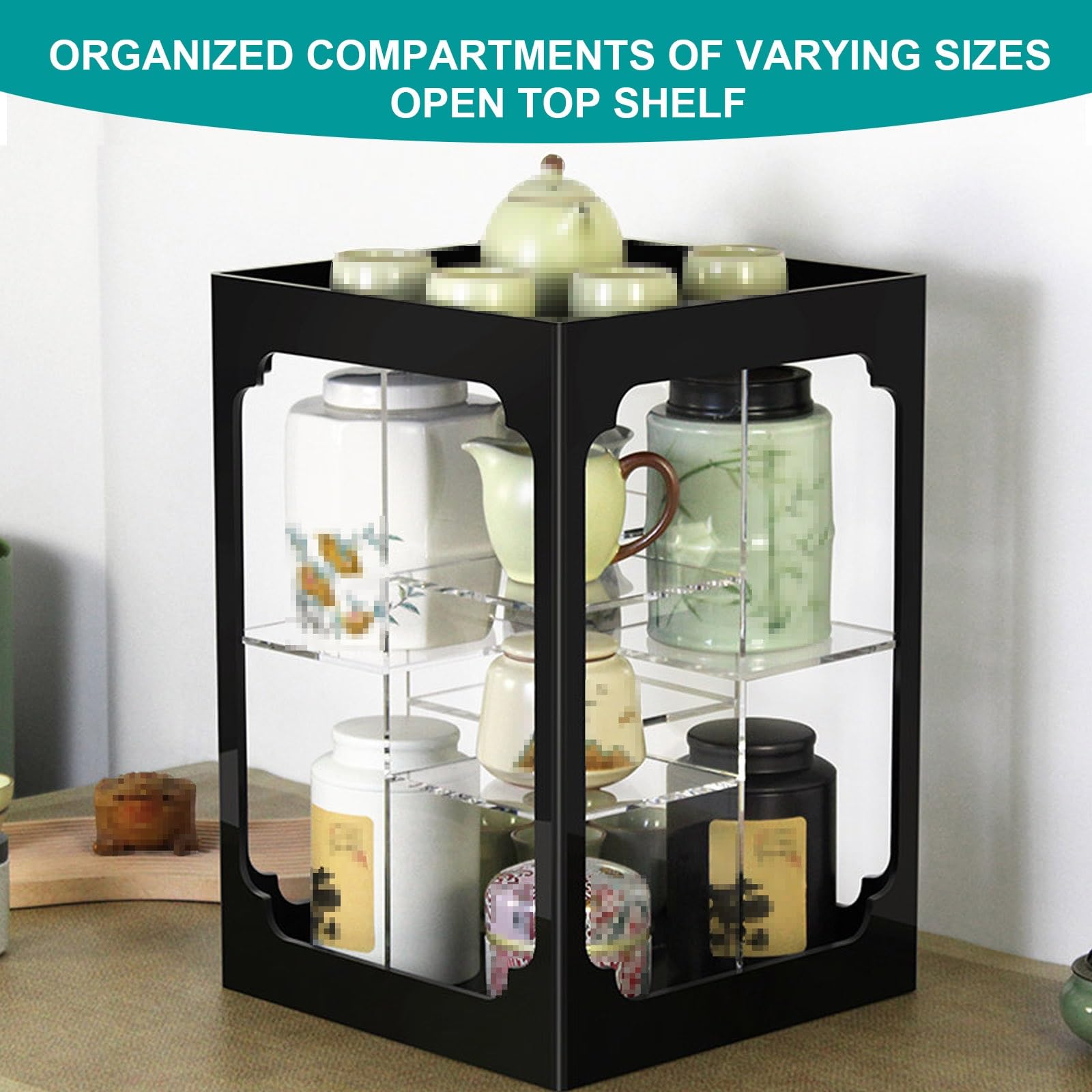 Estante de Té Acrílico Negro Giratorio 360°, Organizador Compartimentos Abiertos Borde Pulido Base Estable, Almacenaje Encimera Cocina Teteras Tarros Tazas(Black+Transparent)