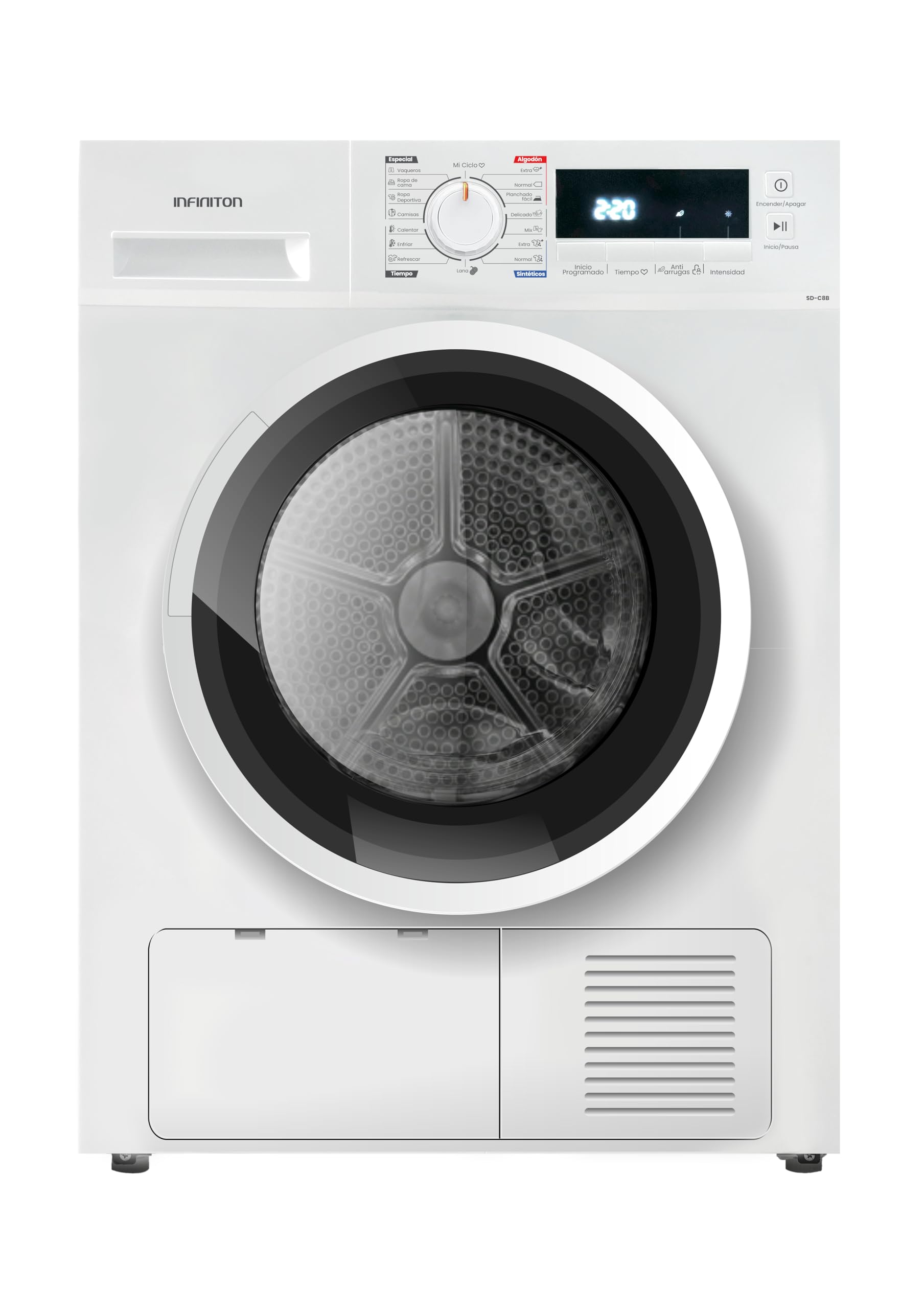 INFINITON | SD-C8B - Secadora Condensación | Función Easy Play | Display LED | 16 programas | Cesto Interior de Acero Galvanizado | Silent Mode | Capacidad 8 Kg | Acabado Blanco