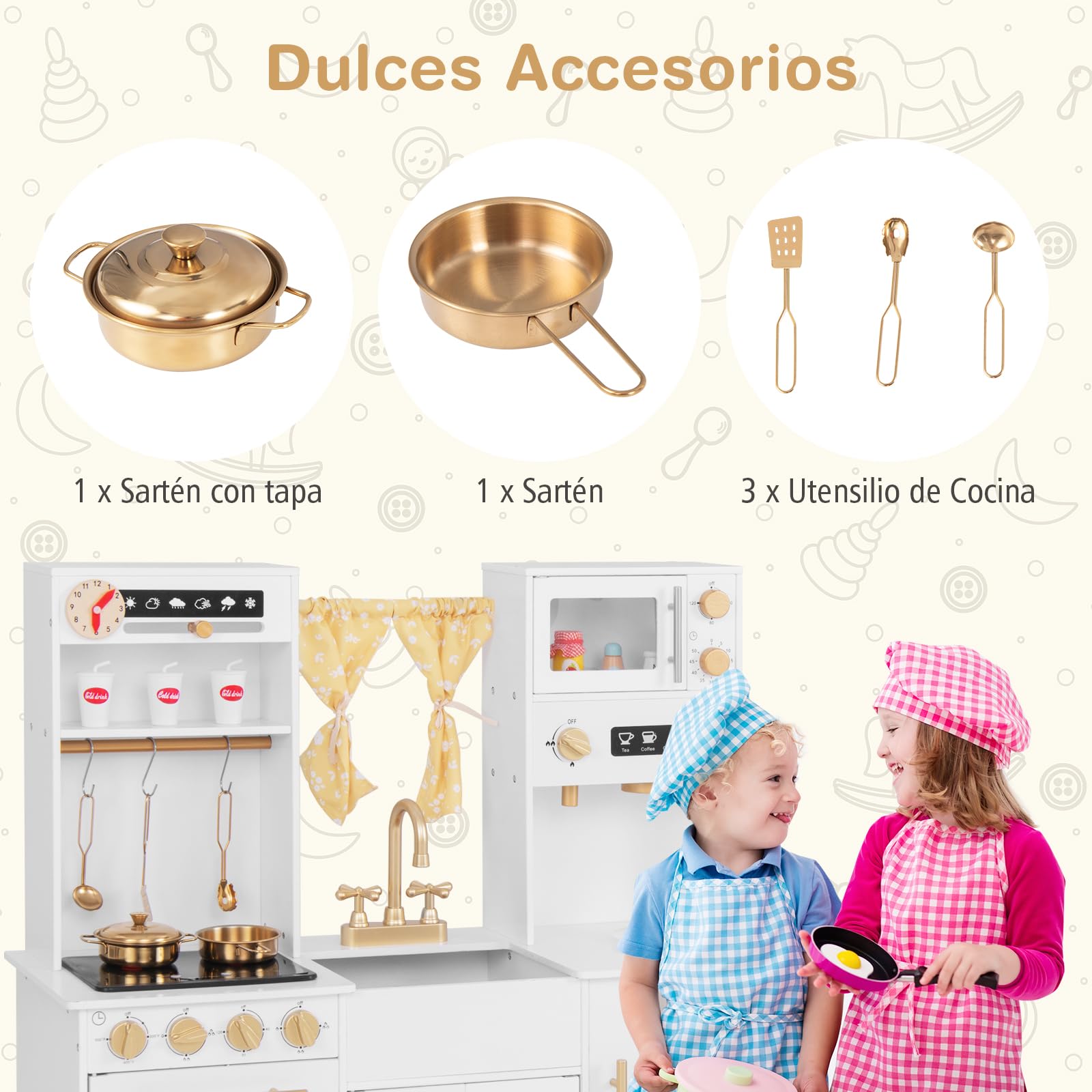 GOPLUS Juego de Cocina de Juguete, Cocina Juguete para Niños con Cafetera, Horno, Fregadero, Cortina, Microondas, Sonidos y Luces Reales, Cocinitas de Juguetes para Niños de 3+ Años (Blanco)