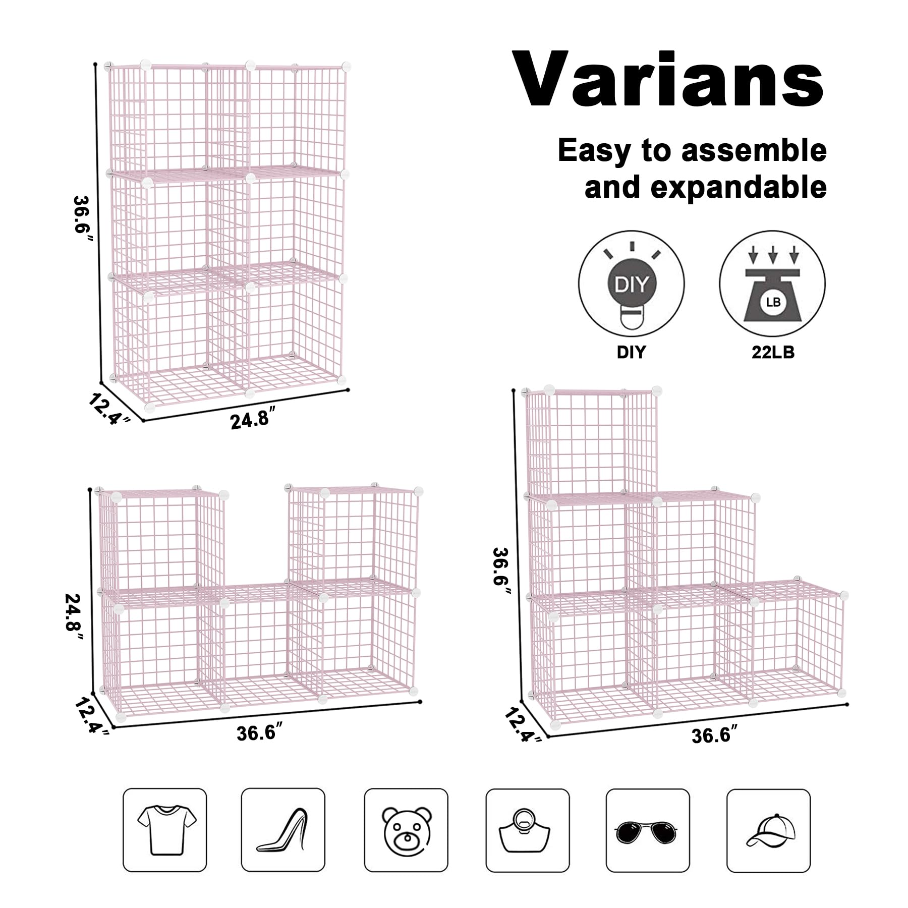 C&AHOME Draadkubus opbergsysteem, 6-kubussen organizer van metaal met C- roosters, modulaire rekkeneenheden, opbergbak-planken, kastorganizer, 93,5 cm L x 31,8 cm B x 93,5 cm H, zwart