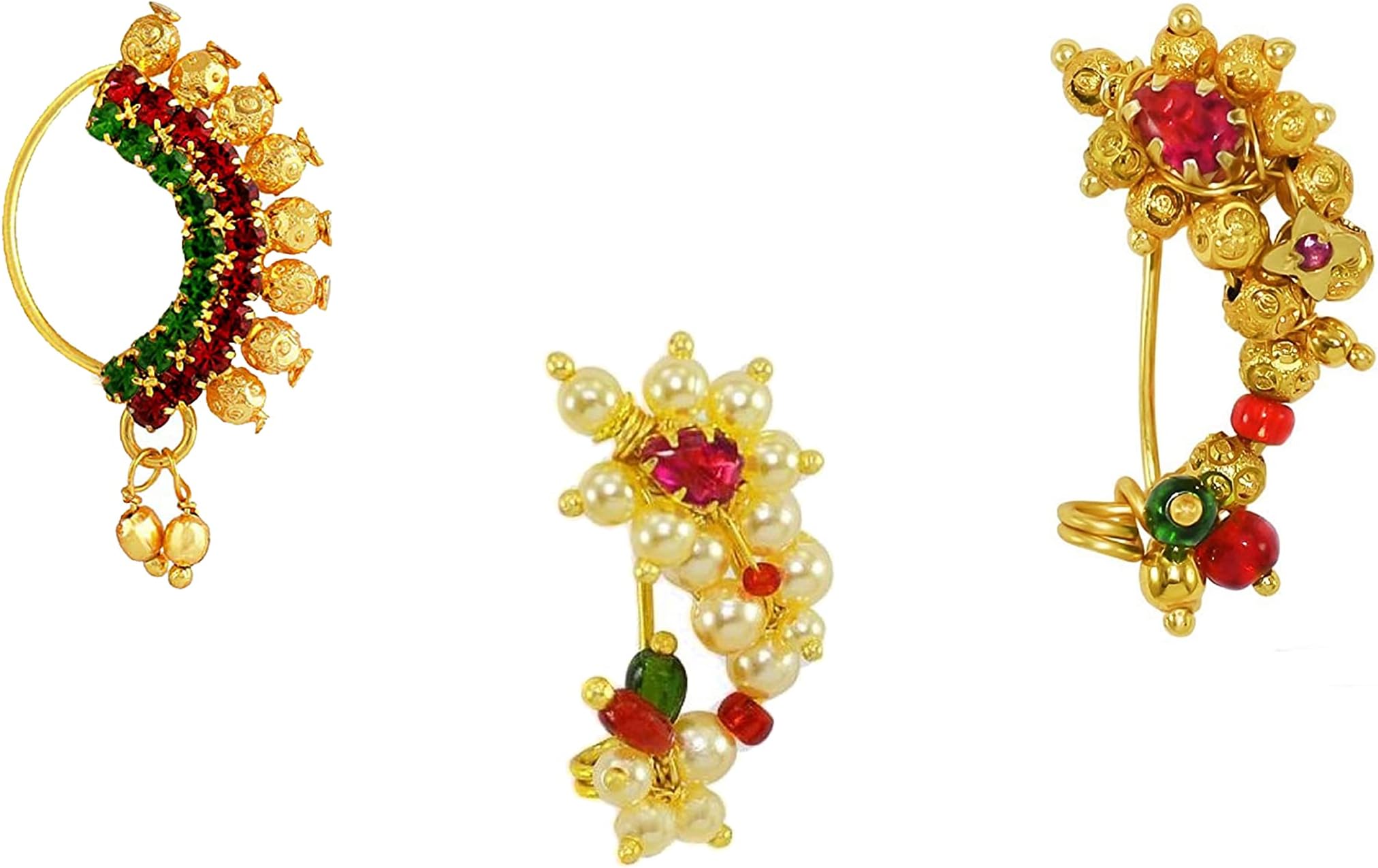 KYOOT JEWELSMedium Size Traditional Maharashtrian Banu Nath Nose ring without piercing Pearl Gold Plated Nath Combo Clip On Nose Ring For Women