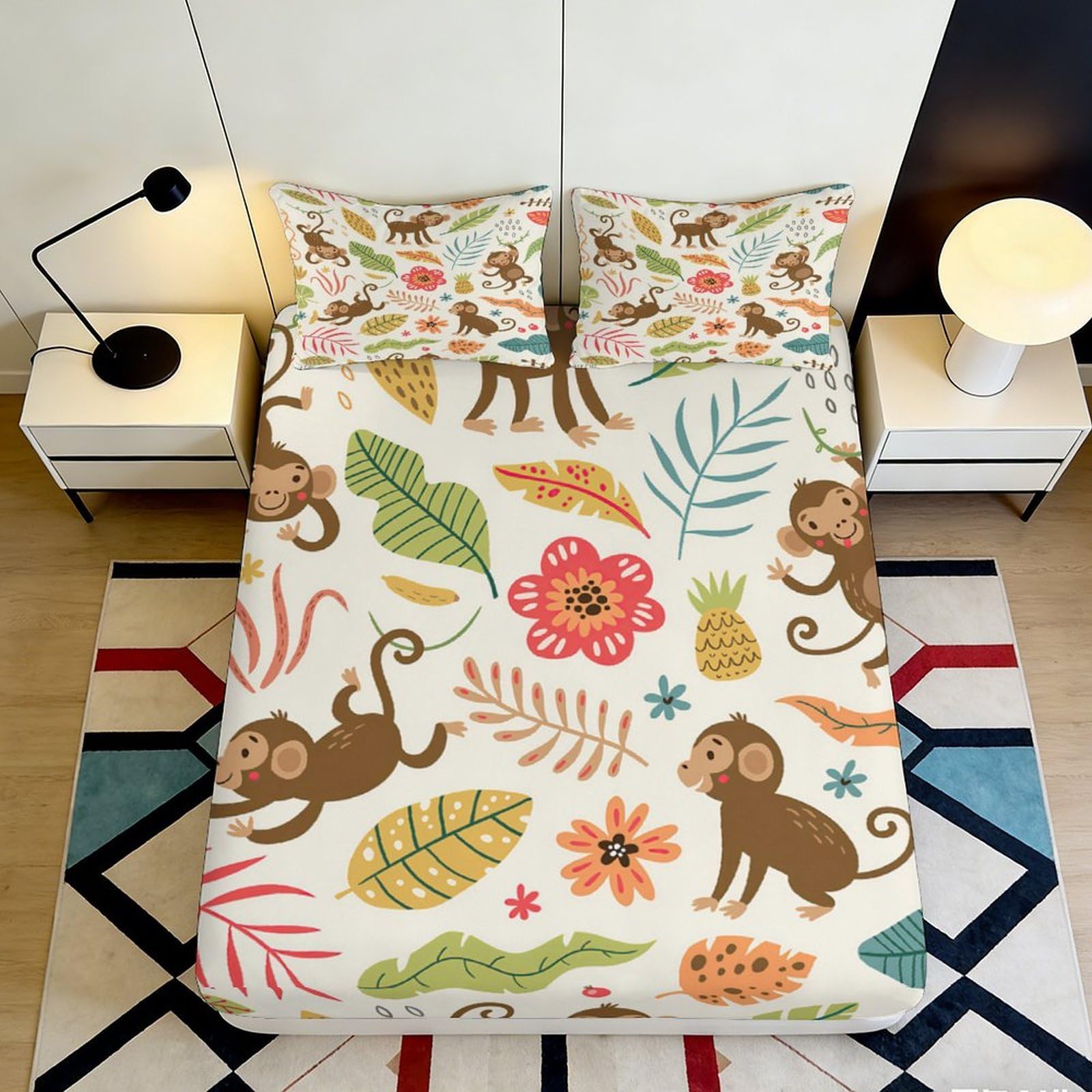 3D Printed Monkey Jungle Fitted Sheet Microfiber Soft Animal Leaves Bed Cover for Bedroom Dorm Mattress Decor 200x200x25cm