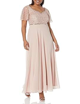 J Kara Women's V Neck Bell Sleeve Beaded Long Dress, Blush