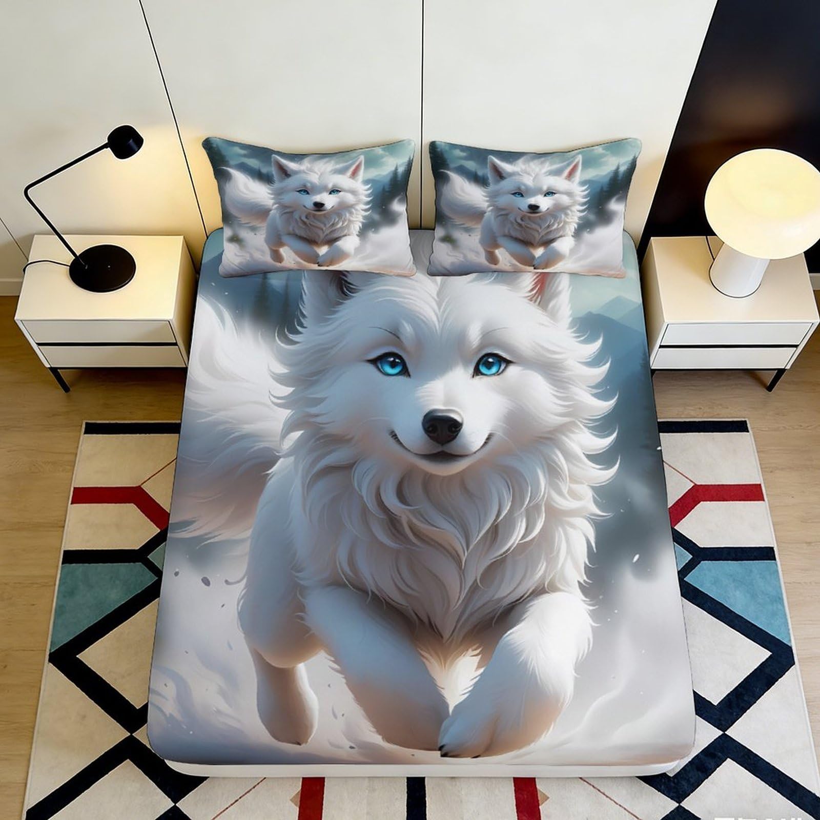 3D Printed White Wolf Fitted Sheet Microfiber Soft Breathable Running Arctic Fox Bed Cover for Bedroom Dormitory Guest Room Mattress Protection 90x200x25cm