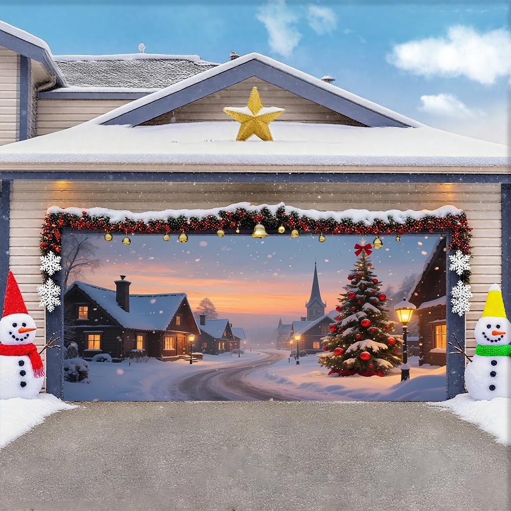 Zfflyh Sunset Village Christmas Garage Door Cover Banner Decoration Large Backdrops Holiday Door Cover Mural For Christmas Decoration For Xmas Eve Holiday Outdoor Wall Decor,,16X7ft