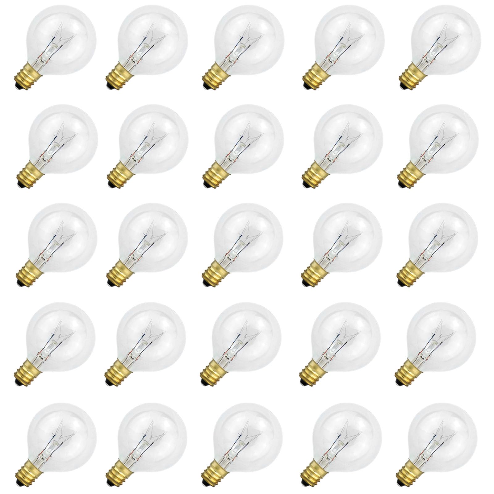 Goeszooin G40 Replacement Bulbs, 120V 5W Incandescent Globe Light Bulbs fits E12/C7 Screw Base, G40 Light Bulbs for Indoor Outdoor Patio Decor, Warm White ，25 Pack.