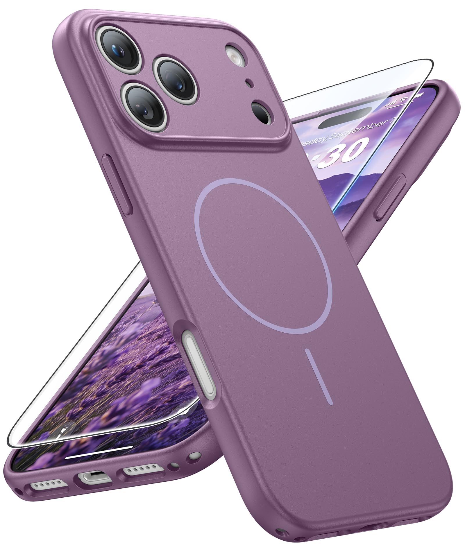 FNTCASE for iPhone 17 Pro-Max Case: Solid Purple Compatible with MagSafe | With Screen Protector, Full Camera Protection, Slim Matte Magnetic Shockproof Cover, 14FT Military Grade Drop Tested