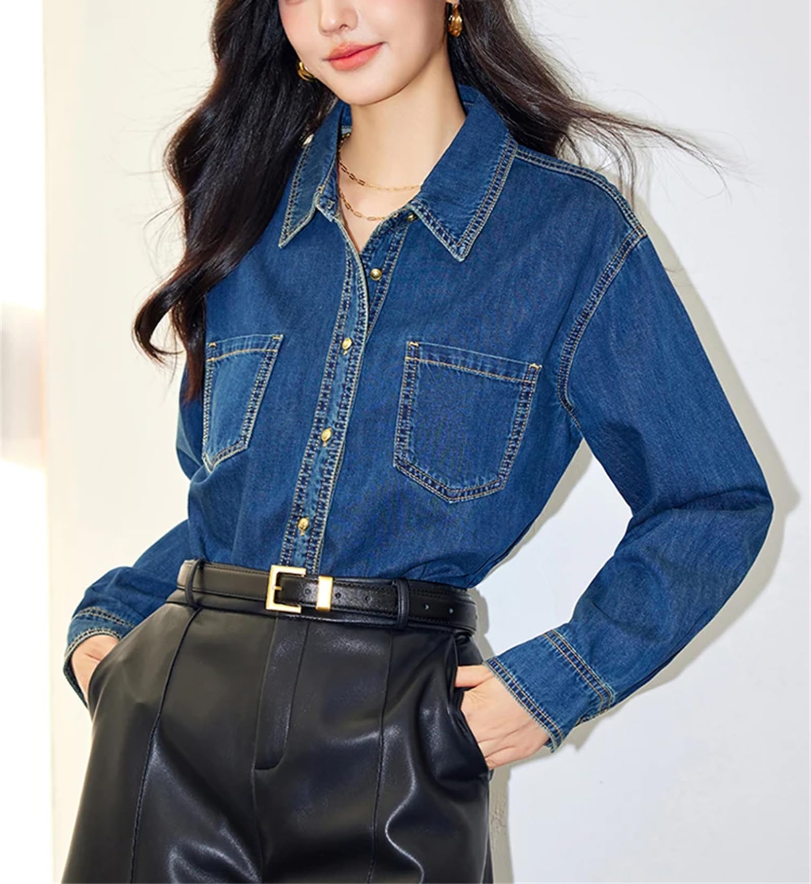 Yeuyyben Camicia da donna in denim a maniche lunghe, alla moda, casual, con colletto rovesciato, camicetta cappotto
