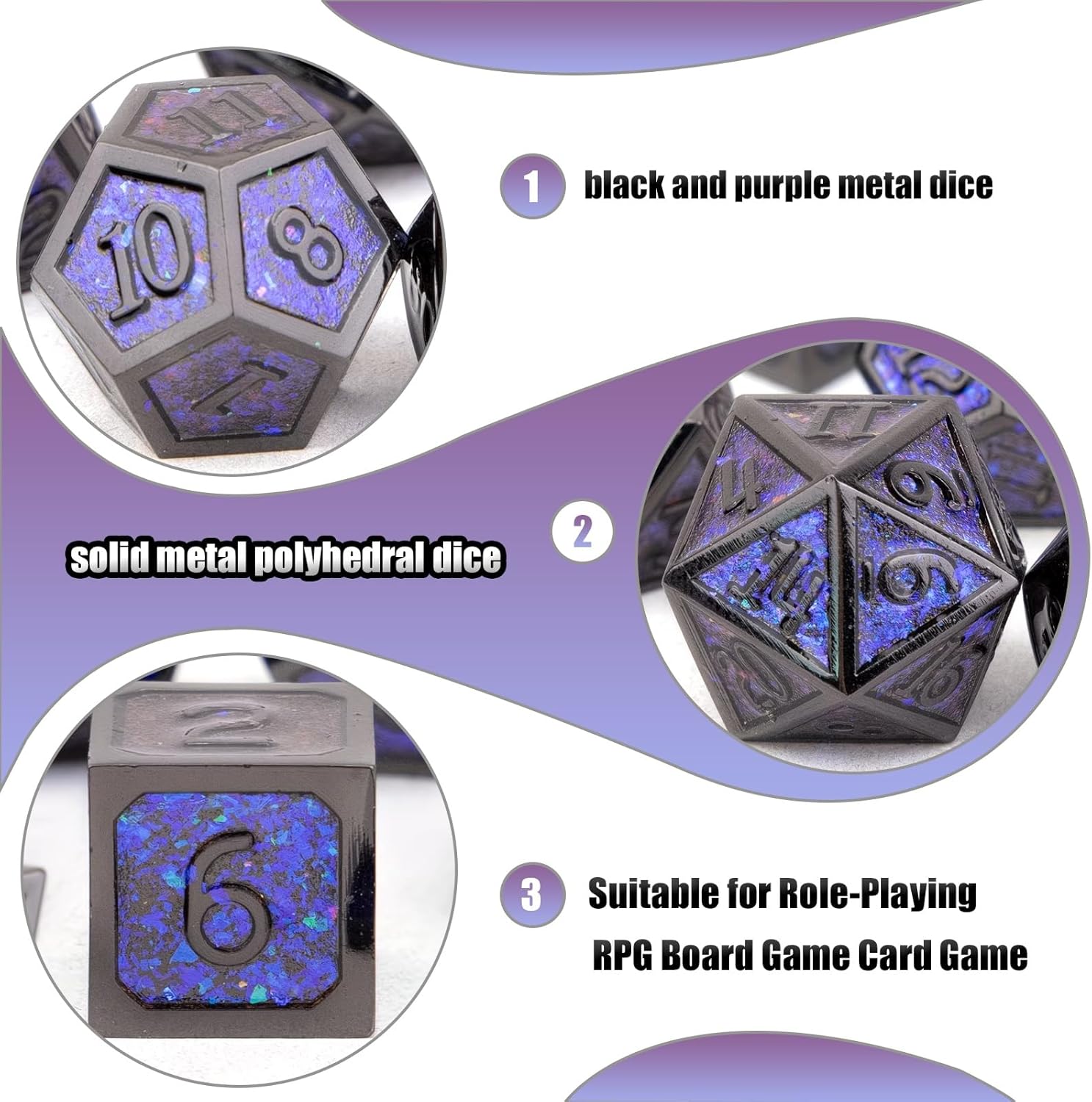 7 Piece Set of Black and Purple Metal Dice, Solid Metal Polyhedral Dice, Compatible with Role Playing RPG Board Game Card Game