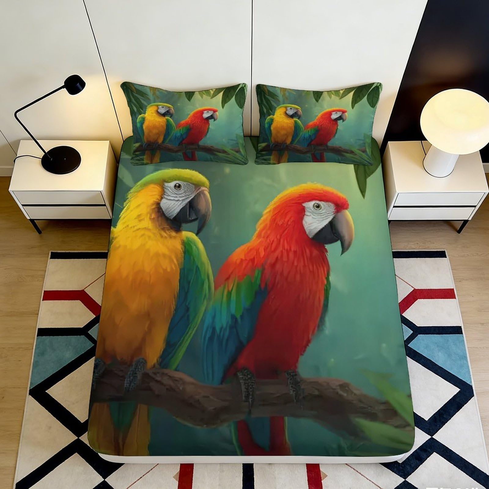 3D Printed Parrot Pattern Fitted Sheet Microfiber Non-Slip Deep Pocket Bedroom Bedding Parrot Mattress Fitted Cover for Adults Teens 180x200x25cm