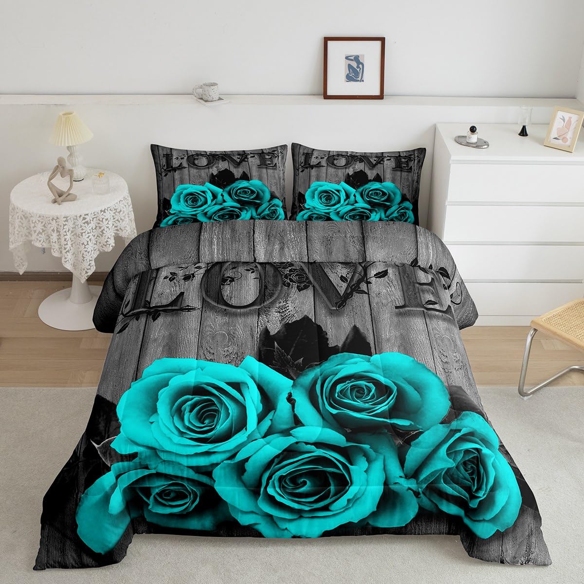 Turquoise Grey Bedding Set Teal Rose Flowers Comforter Set King For Girls Men Women Valentine'S Day Wedding Comforter Gifts For Couple Lover,Country Rose Floral Quilt Duvet Insert 2 Pillow Cases