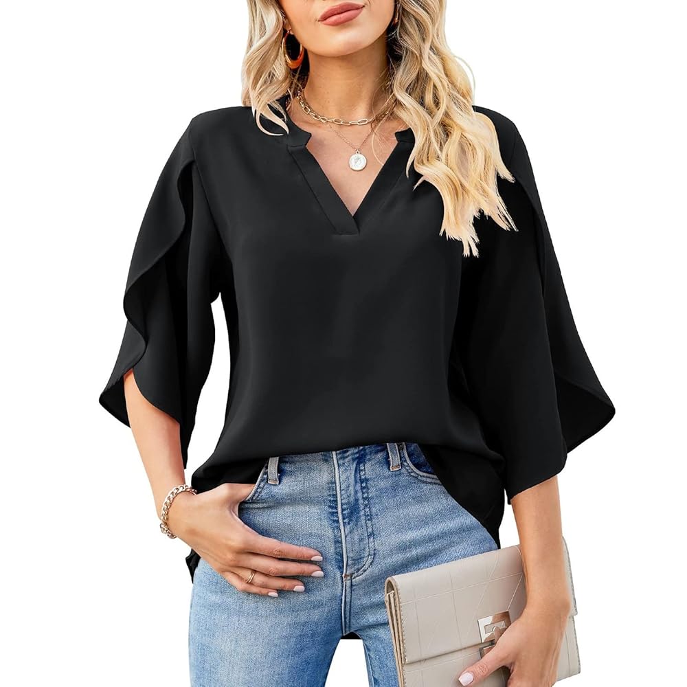 2023 Womens Summer Flowy Petal Short Sleeve V Neck Chiffon