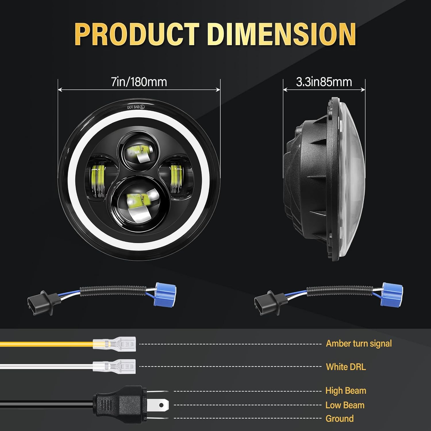 SKYWORLD 2PCS 7 inch Round LED Headlight, Offroad Light with DOT Approved Hi/Low Beam Amber/White DRL Turn Signal Headlamps Compatible with JP Wrangler JK TJ CJ w/H4 to H13 Adapter