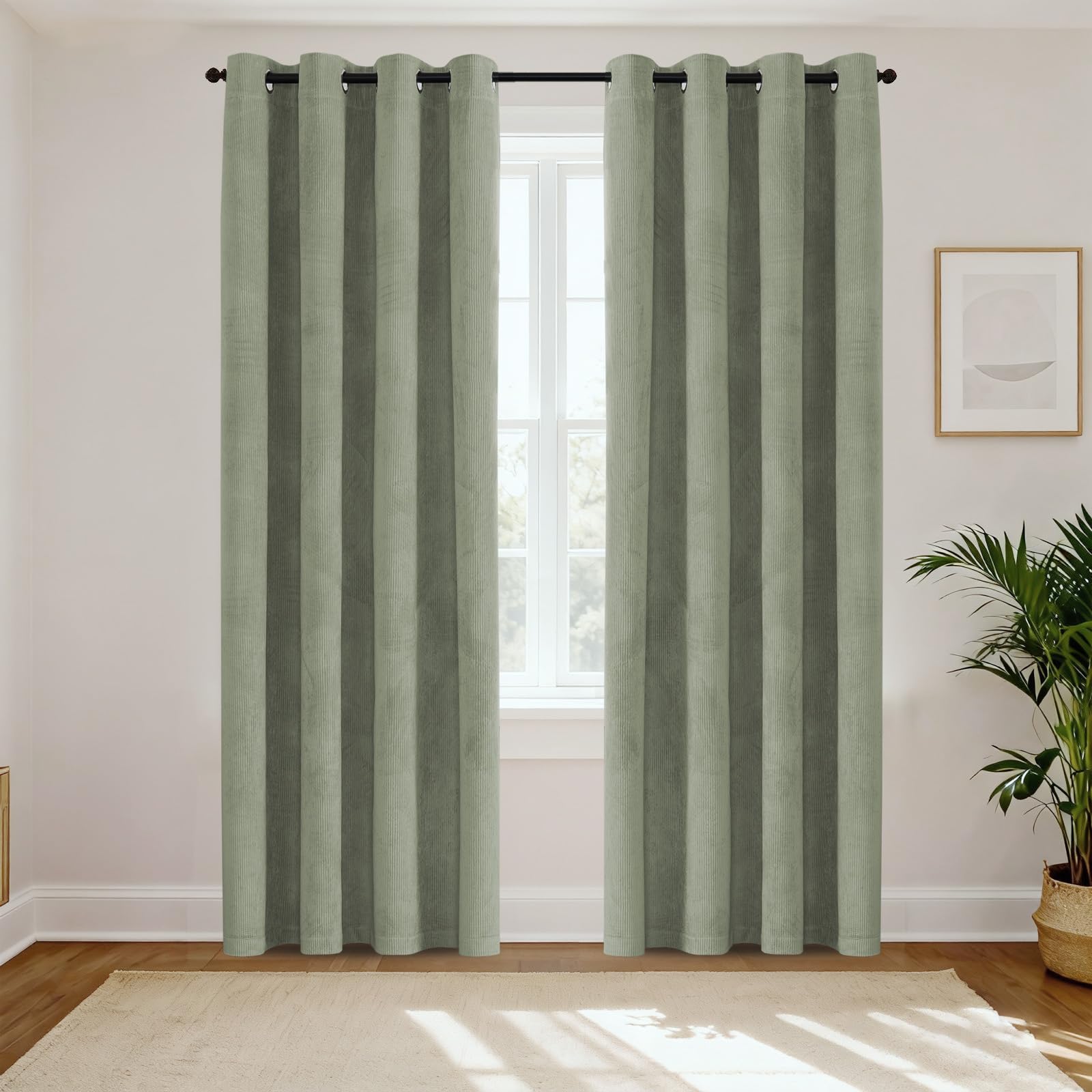 H.Versailtex 100% Blackout Eyelet Thermal Insulated Bedroom Black out Panels Ring Top Blackout Curatins for Kids Bedroom, Curtains for Living Room W66x L54 Inch, 2 Panels, Light Sage