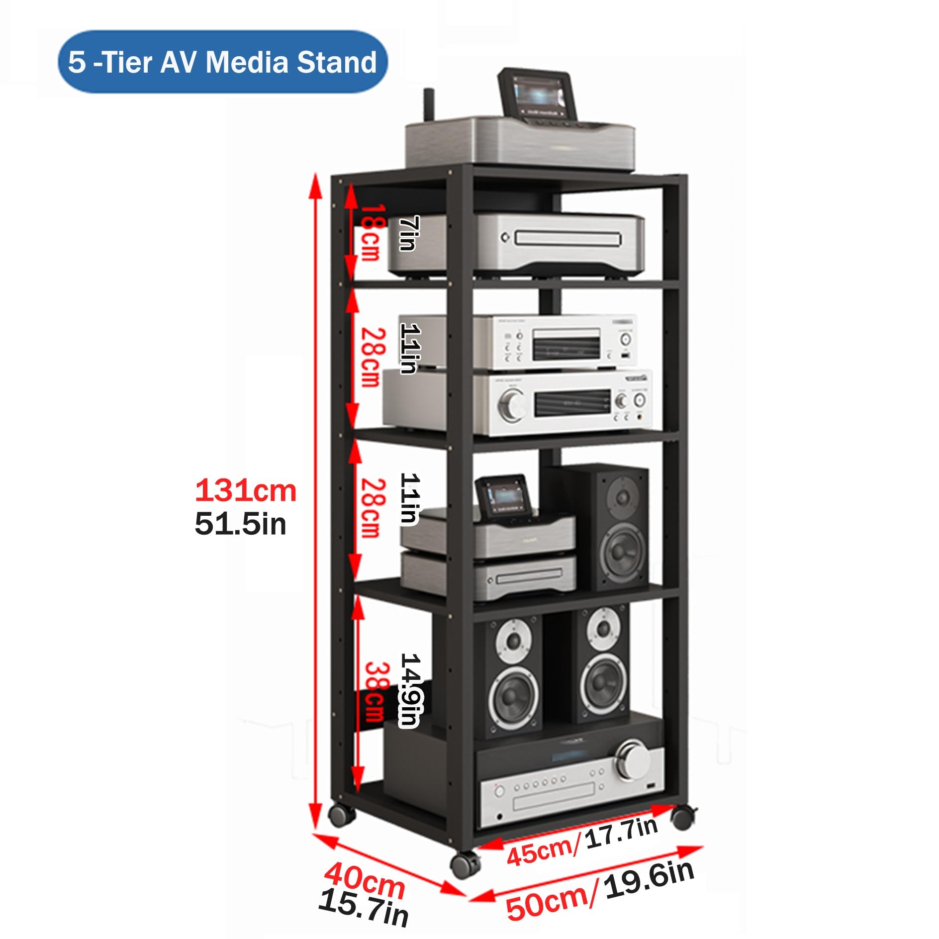 Mobile portaoggetti AV a 4/5 Ripiani, Mobile per CD/Videogiochi, scaffale Porta Dvd Nero Mobile con Ruote, Adatto per l'intrattenimento in casa, Ufficio e Soggiorno (50x40x131 cm / 19,6x15,7