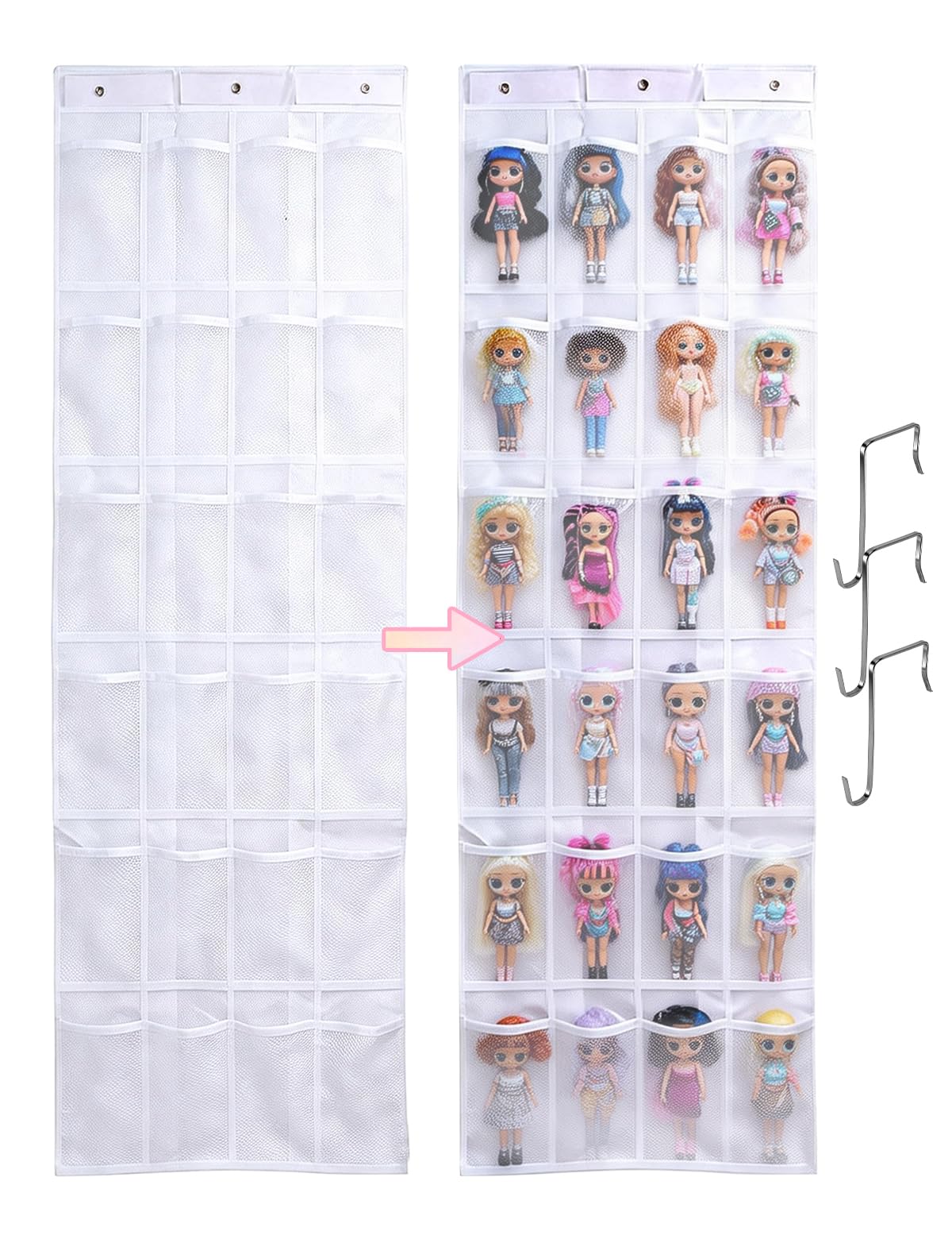 Zebrabox Hanging Over Door Toy Storage Organizer (24 Pockets), 64.17''×18.90'' Fits Mini Human-Shaped Dolls Under 7.87'' Tall (Dolls Not Included), Easy Accessory Storage & Display - White