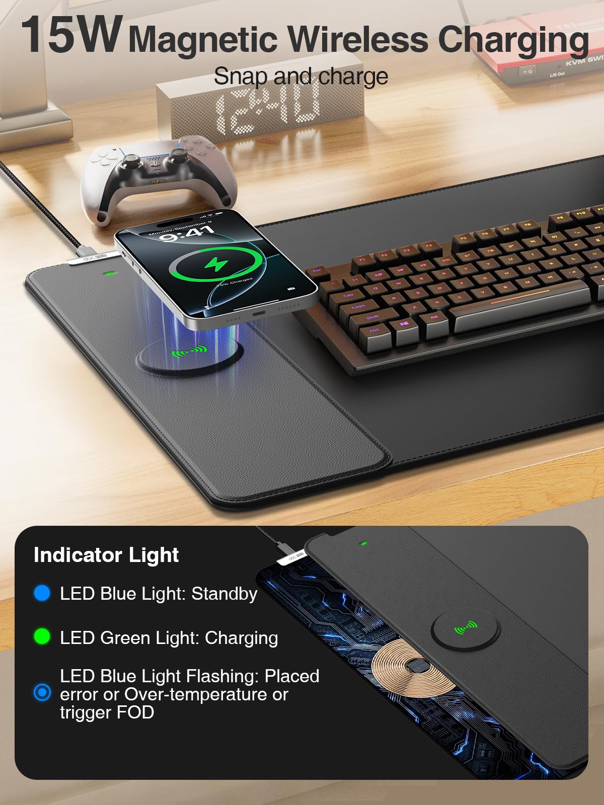 Alfombrilla magnética para mouse de carga inalámbrica, alfombrilla de mouse para juegos, 31.5 x 15.8 pulgadas, alfombrilla de escritorio grande para portátil/teclado, superficie lisa impermeable, base