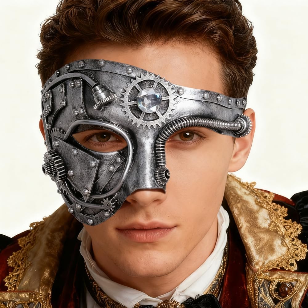 Steampunk Mask, Black Mens Venetian Masquerade Masks for Halloween Costume, Mardi Gras Ball Decorations, Handcrafted.
