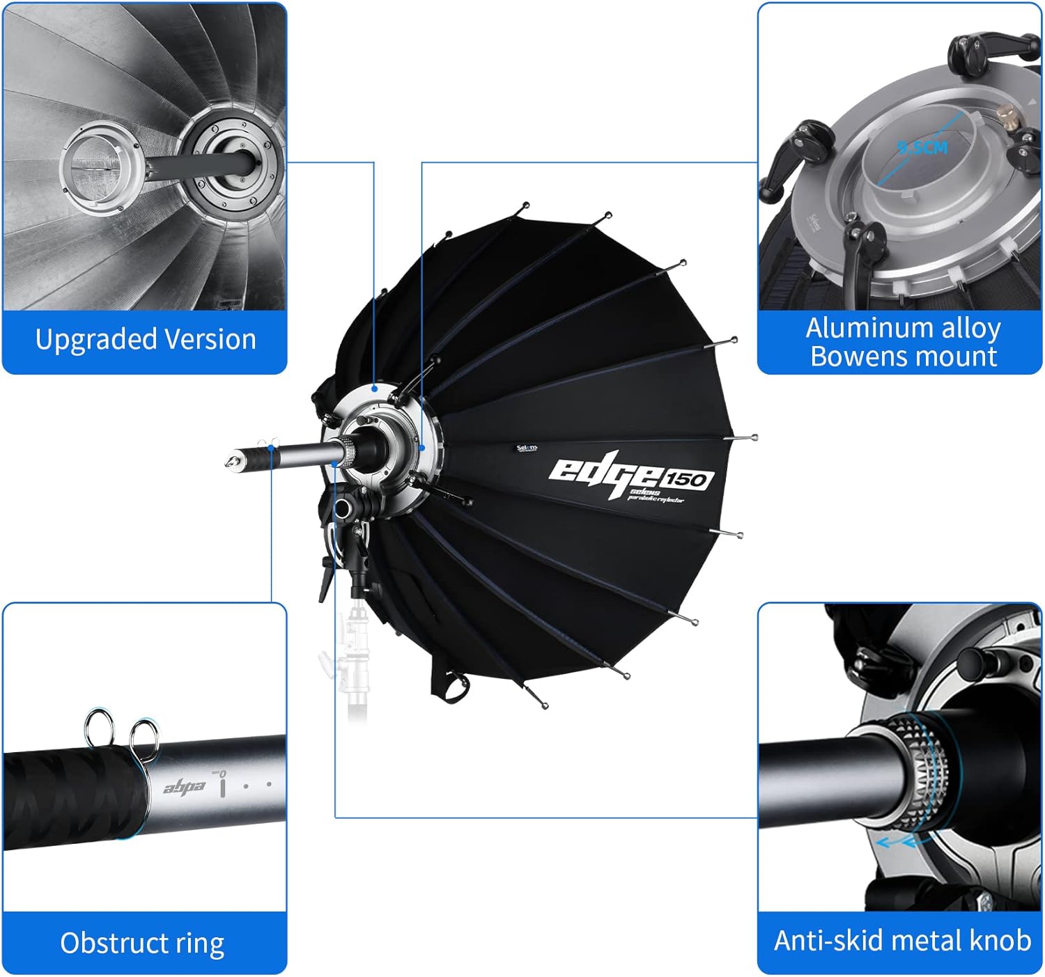 Selens Edge Parabolic Reflector SER120 Parabolic Light Focus System with Focusing Rod for Portrait Photography, Video, Flash, Spotlight, 47.24 inch/120cm