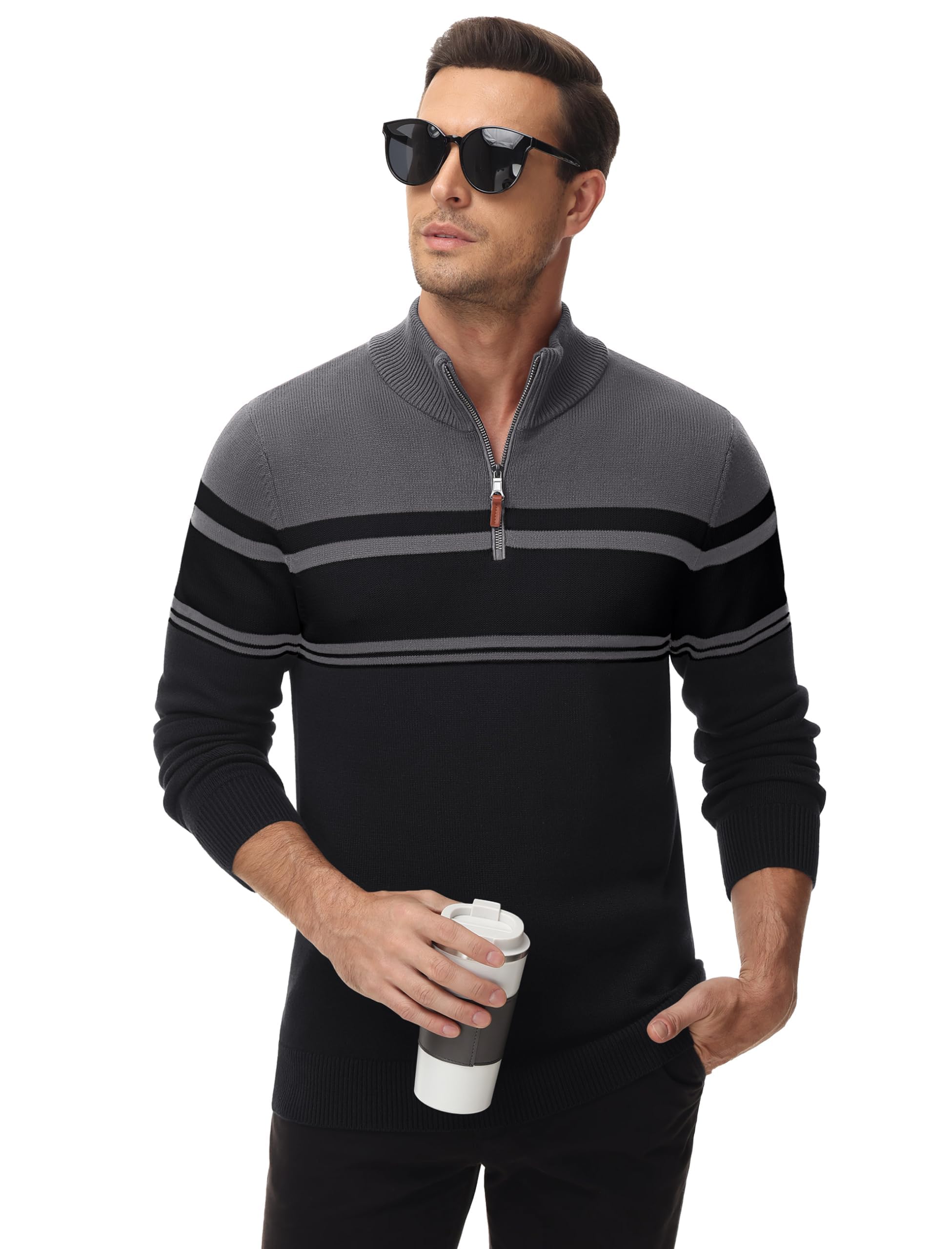 MAGCOMSEN Maglione da uomo lavorato a maglia, collo alto, zip 1/4, a righe, in cotone, a maniche lunghe, in pile, elasticizzato, da lavoro, per autunno e inverno, grigio scuro-nero, L