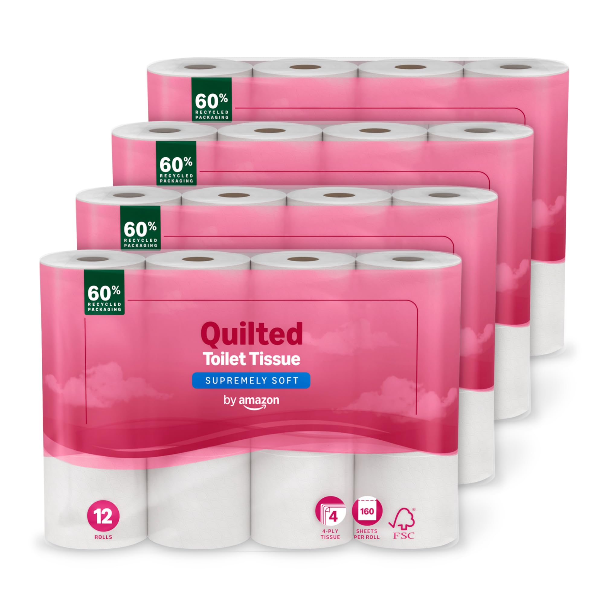 by Amazon 4-Ply Quilted Toilet Tissues, Unscented, 12 Rolls (4 Packs of 12), 160 Sheets per Roll