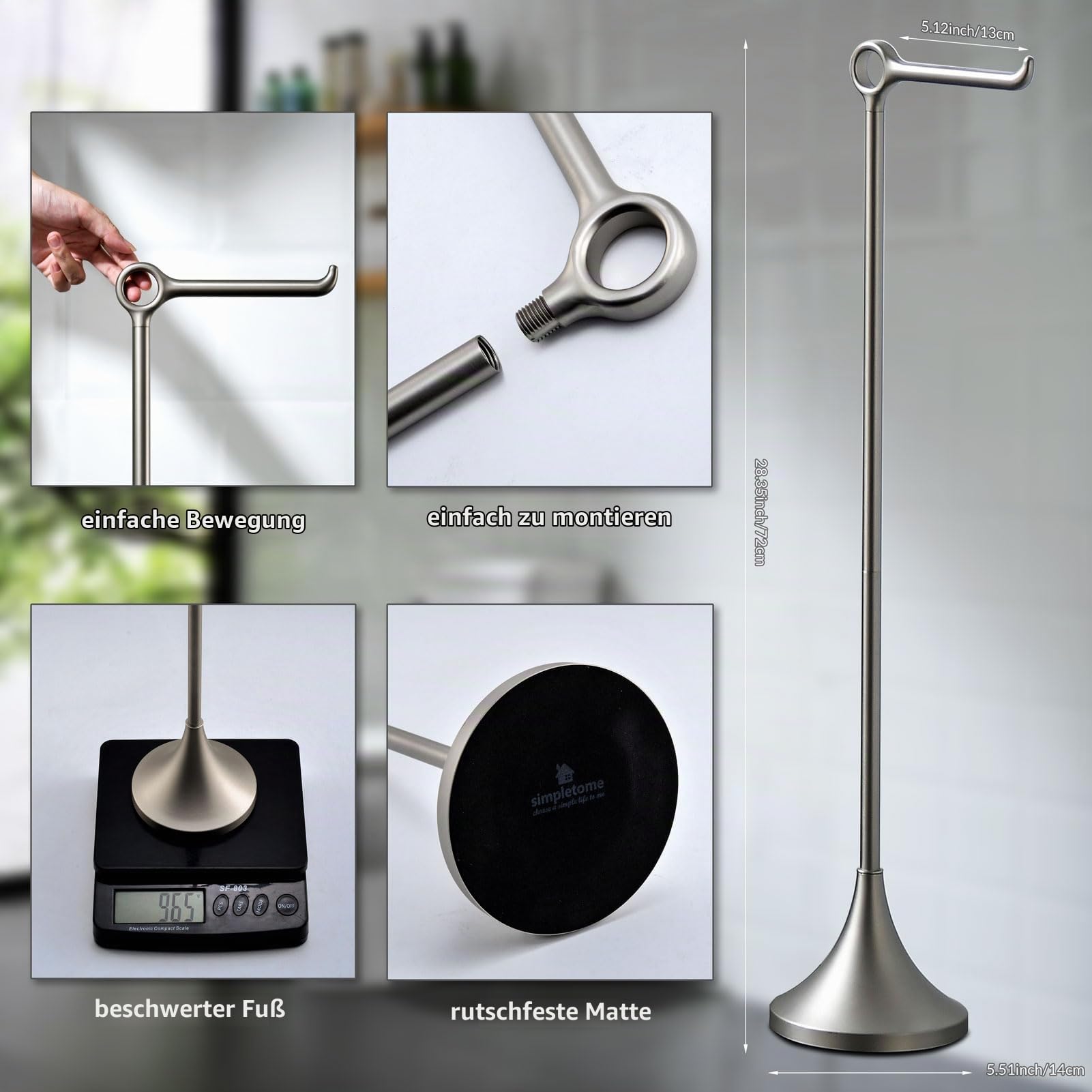 simpletome Toilettenpapierhalter Stehend, Stabile, Gewichtete Basis, Modernes, Schlichtes, Stromlinienförmiges Design (Nickel) | teure vernickelung | aluminiumlegierung topringgriff zum einfachen bewegen | freistehende badezimmer-bodendeko