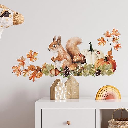 Miniatura 2 de Calcomanías de pared con diseño de ardilla, calabaza, arce y hongos, calcomanías de pared de animales de dibujos animados de sacinora removibles