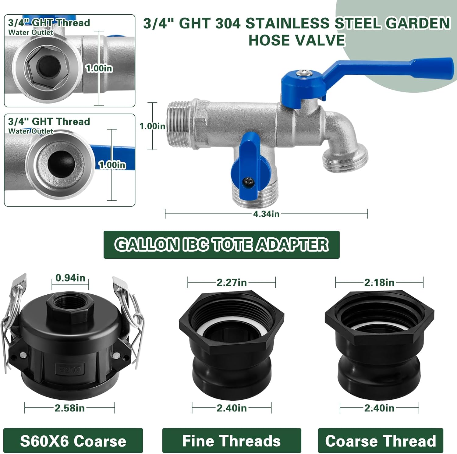 IBC Tote Adapter, 2" Cam Lock for 275-330 Gallon IBC Tote Tank with 2packs Groove Fittings, IBC Tote to Garden Hose Adapter with 304 Stainless Steel Dual Hose Faucet (3/4'' Male Inlet ×3/4" Male)