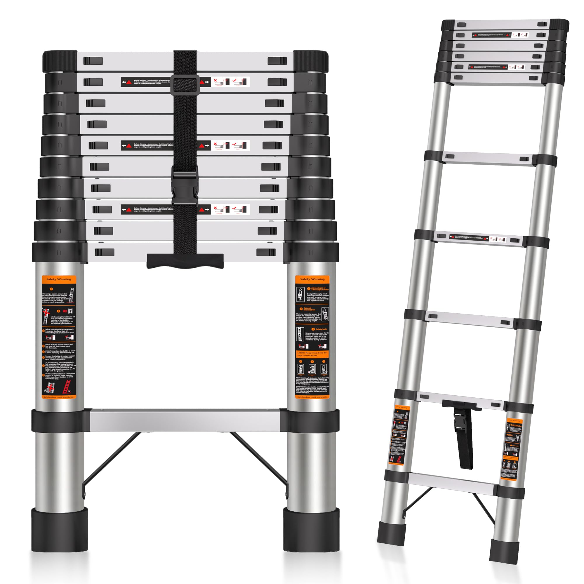 telescoping ladder 10.5 ft stainless steel extension ladder, collapsible telescopic rv ladders extendable telescope folding compact adjustable portable ladders for home roof, 330lbs max capacity