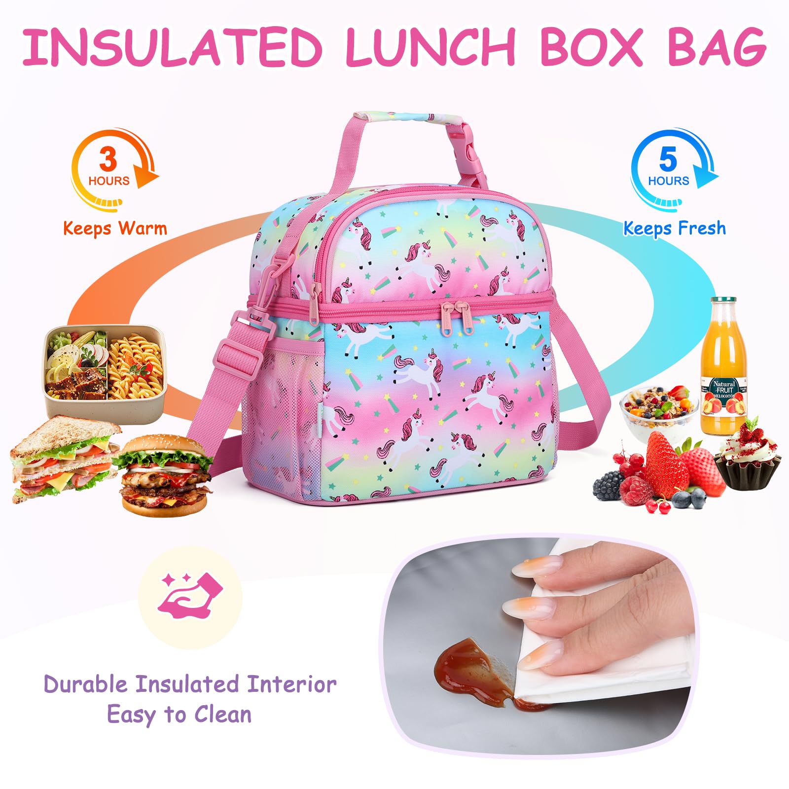 VASCHY Lunch Bag for Kids Insulated Lunch Box Double Compartments Cooler Lunch Tote for Toddlers Boys Girls School/Daycare/Picnic Rainbow Unicorn - Image 4