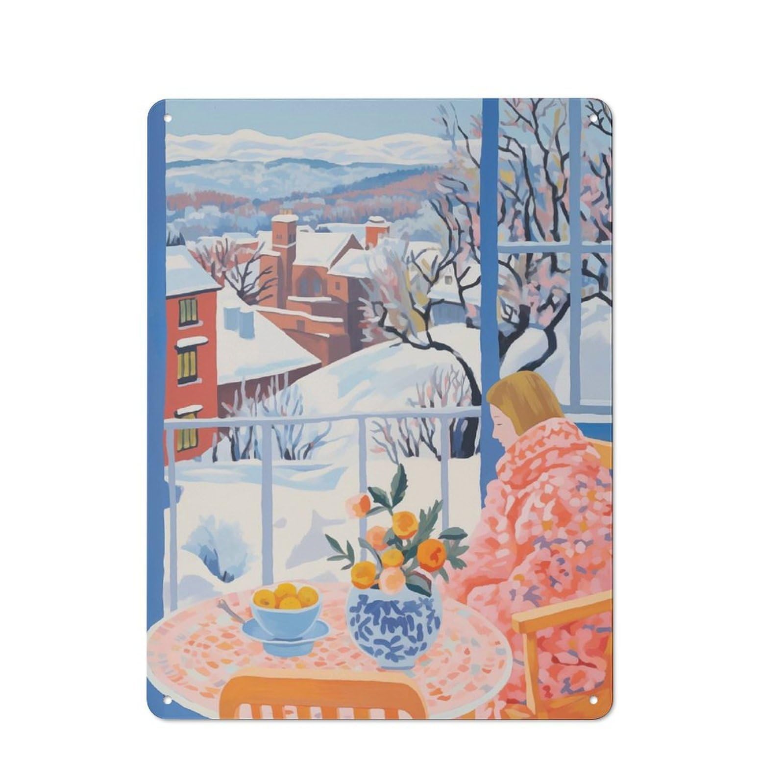 Junmoney Window To Winter Tin Wall Plaque 40X30cm With For Pub Or Café, With Clear Vintage Wall Decor Character