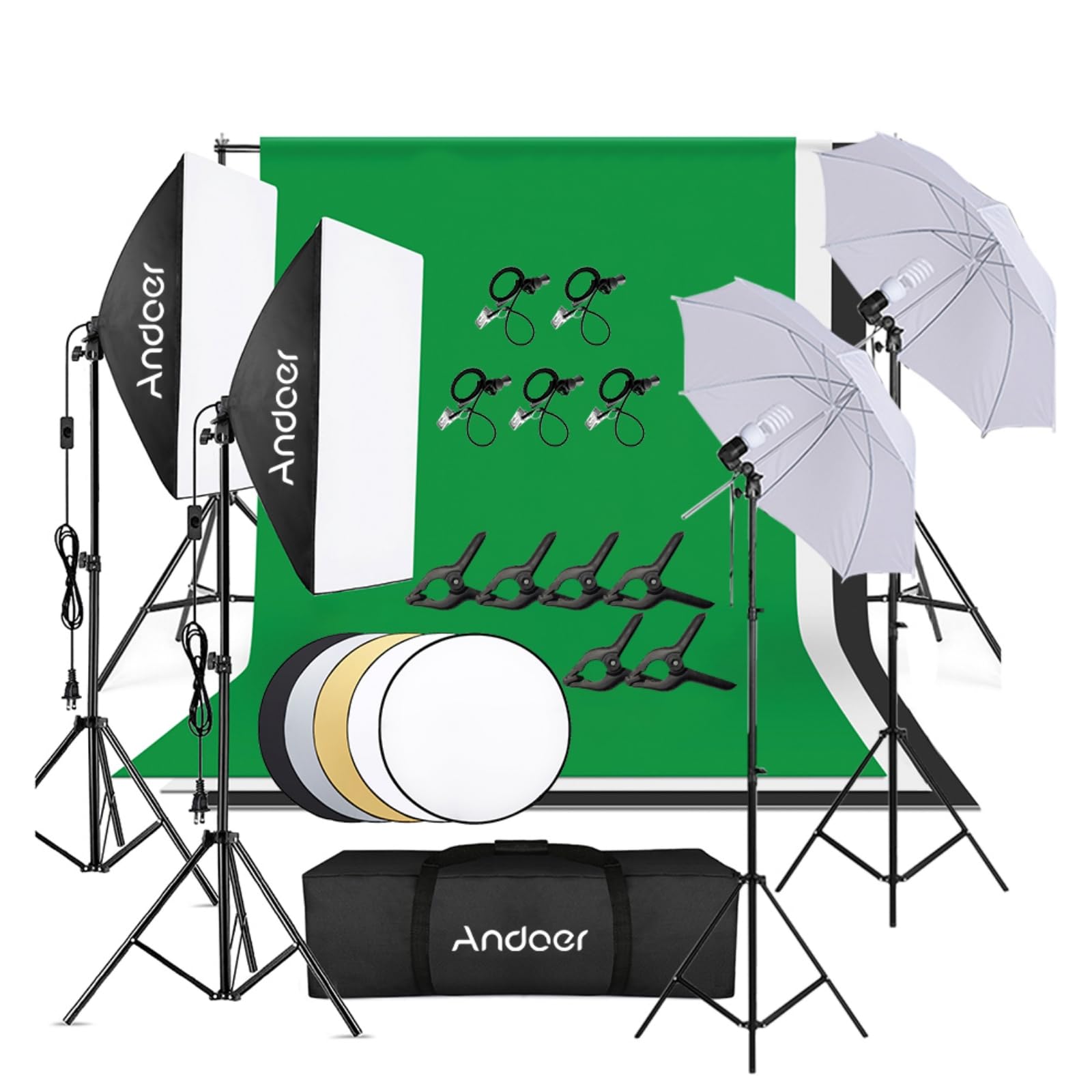 Andoer Studio Fotografico Kit di Illuminazione, kit incluso sfondo 1,8 m * 2,7 m, Sistema di Supporto per Sfondo, Fotografia Riflettore, luce soffusa Ombrello, Softbox, 45W 5500K Lampadina
