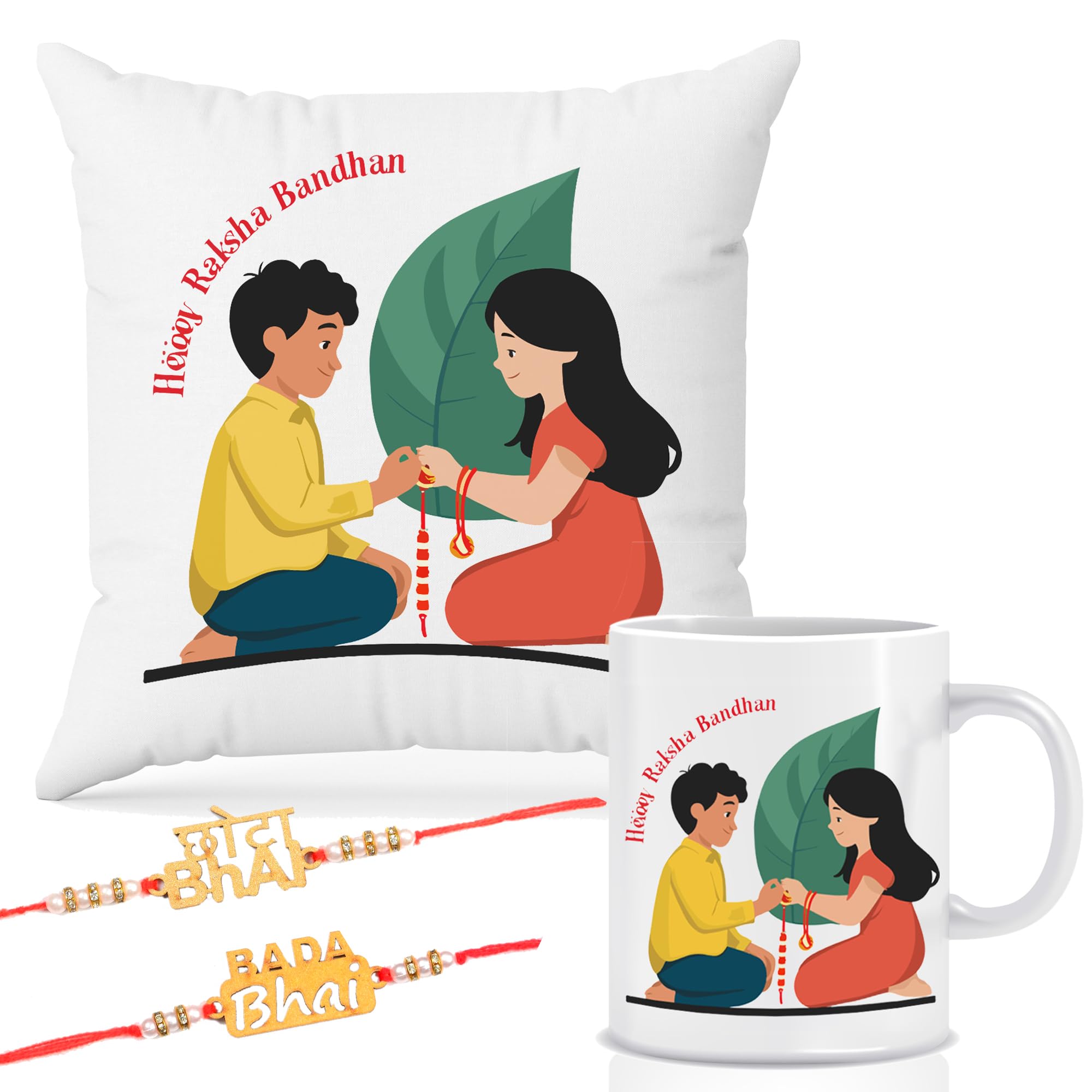 Raksha Bandhan Gift Combo – Cushion with Filler, Printed Coffee Mug & 2 Rakhi | Cute Brother Sister Cartoon Design | Rakhi Gift Set for Brother, RKCMUG-14