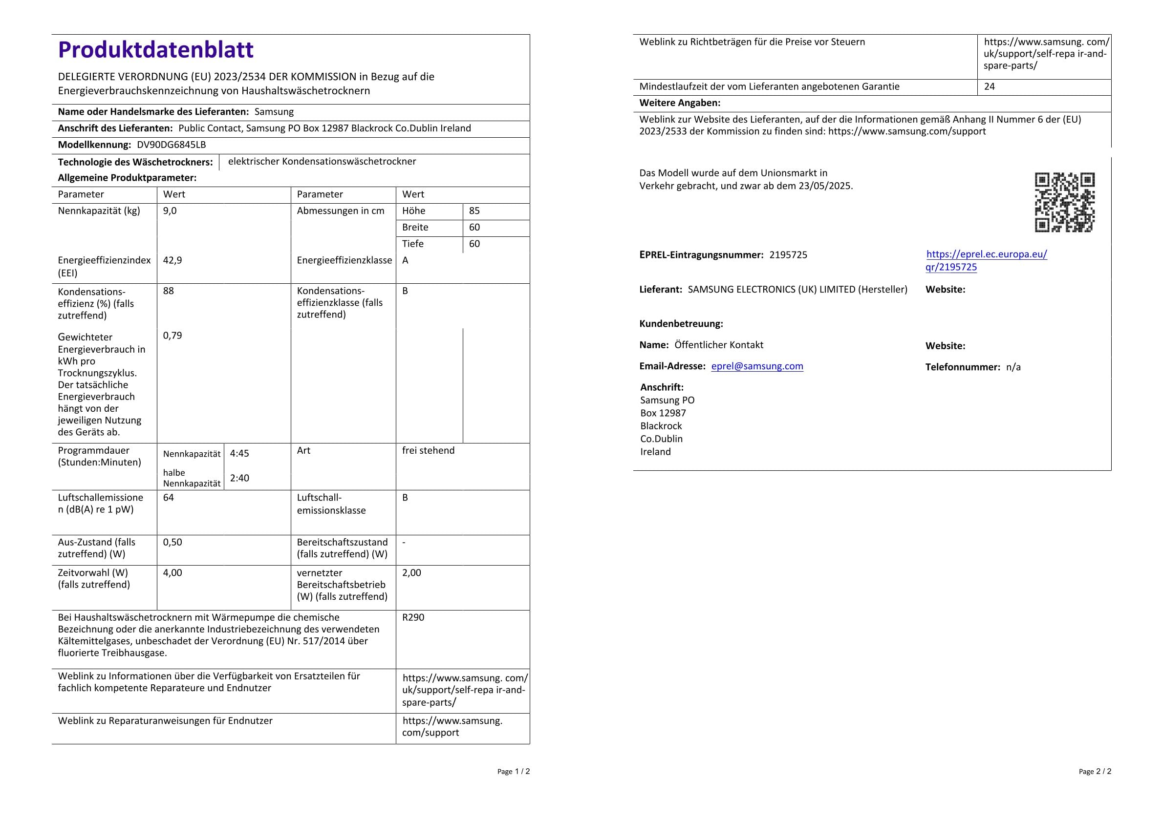 Samsung DV90DG6845LBU2 Wärmepumpentrockner DV6400D, 9 kg, EEK: A, AI Wäschetrockner mit Klartext-Display, AI Dry+ & Control, SuperSpeed, Hygiene Programm, SmartThings-App, Schwarz