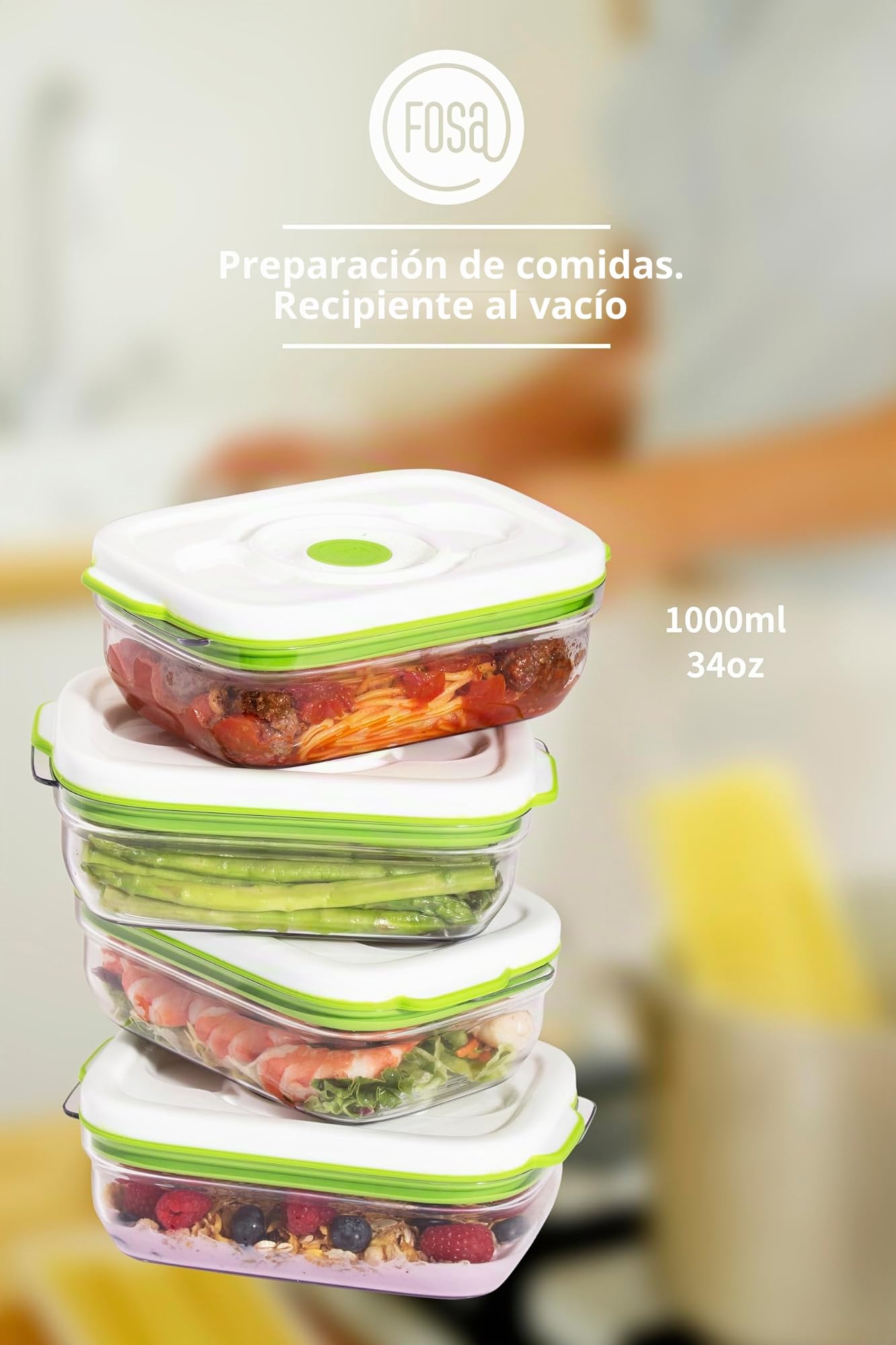 FOSA Juego de 3 Recipientes para Alimentos al Vacío 1L - Tuppers Rectangulares Herméticos para Conservar Comida Fresca - Material Libre de BPA - Compatible con Sistema (Bomba No Incluida)