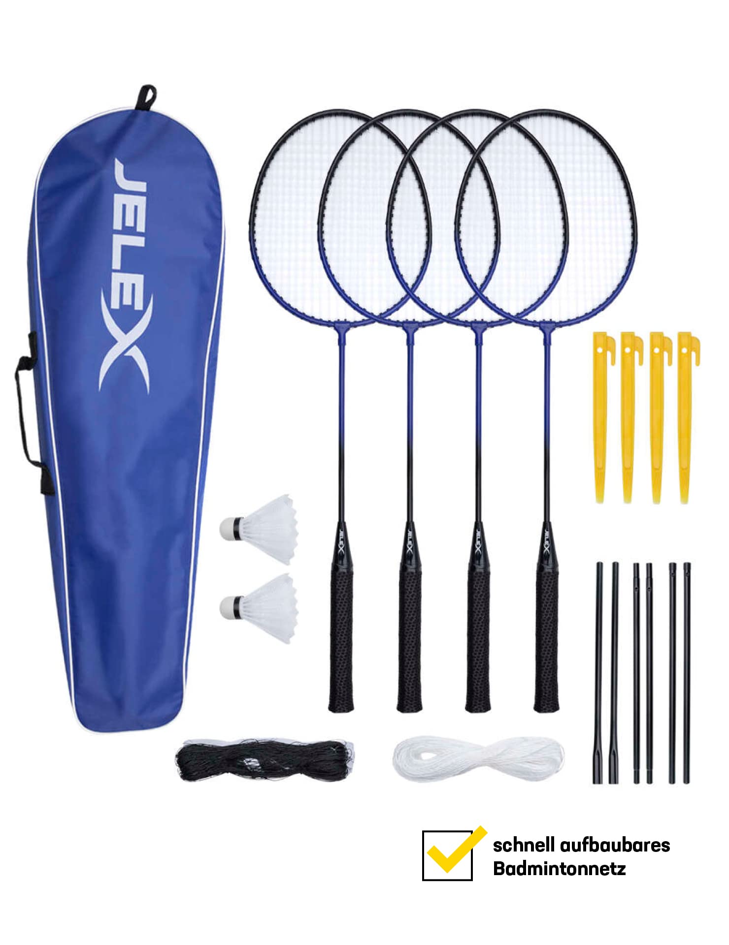 JELEX Big Utd. Lot de 4 raquettes de badminton avec 2 balles et filets, avec sac de badminton bleu de qualité supérieure pour la famille pour jouer et s'entraîner