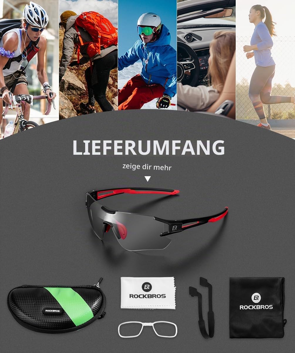 ROCKBROS Fahrradbrille Selbsttönend für Damen Herren, Photochrome Radsportbrille Sonnenbrille mit UV400 Schutz Transprante Gläser für Outdoorsports