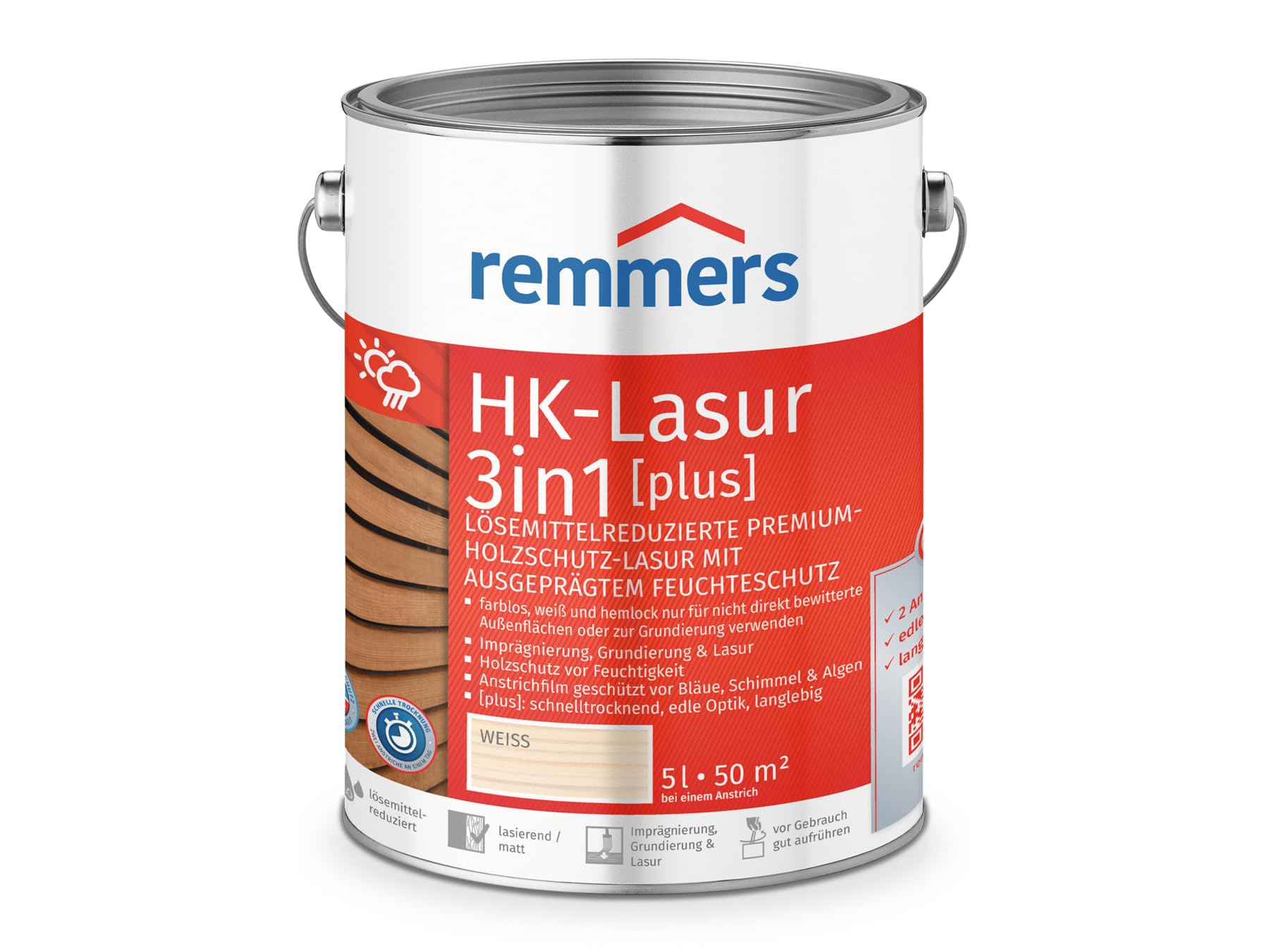 Remmers - Barniz HK 3en1 [plus] blanco, mate, 5 litros, barniz premium de protección de madera para exteriores, 3en1, de secado rápido, duradero