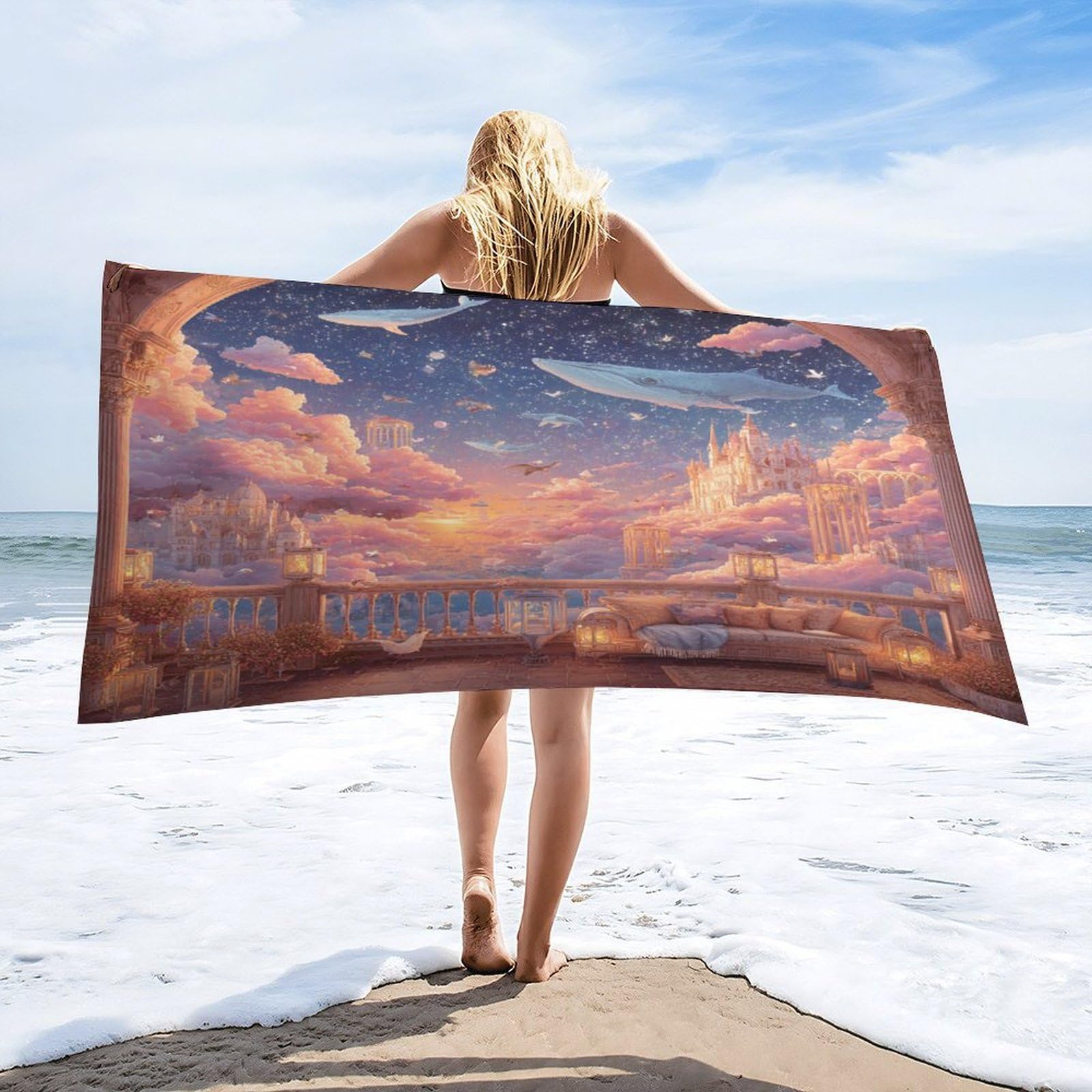 Luyysky Rustic Fantasy Animal Whale Absorbent Beach Towel, Colorful Romantic Starry Sky Galaxy Castle Bird Cloud Pattern Outdoor Single-Sided Velvet Beach Towel-80 W Cm X 160" L Cm