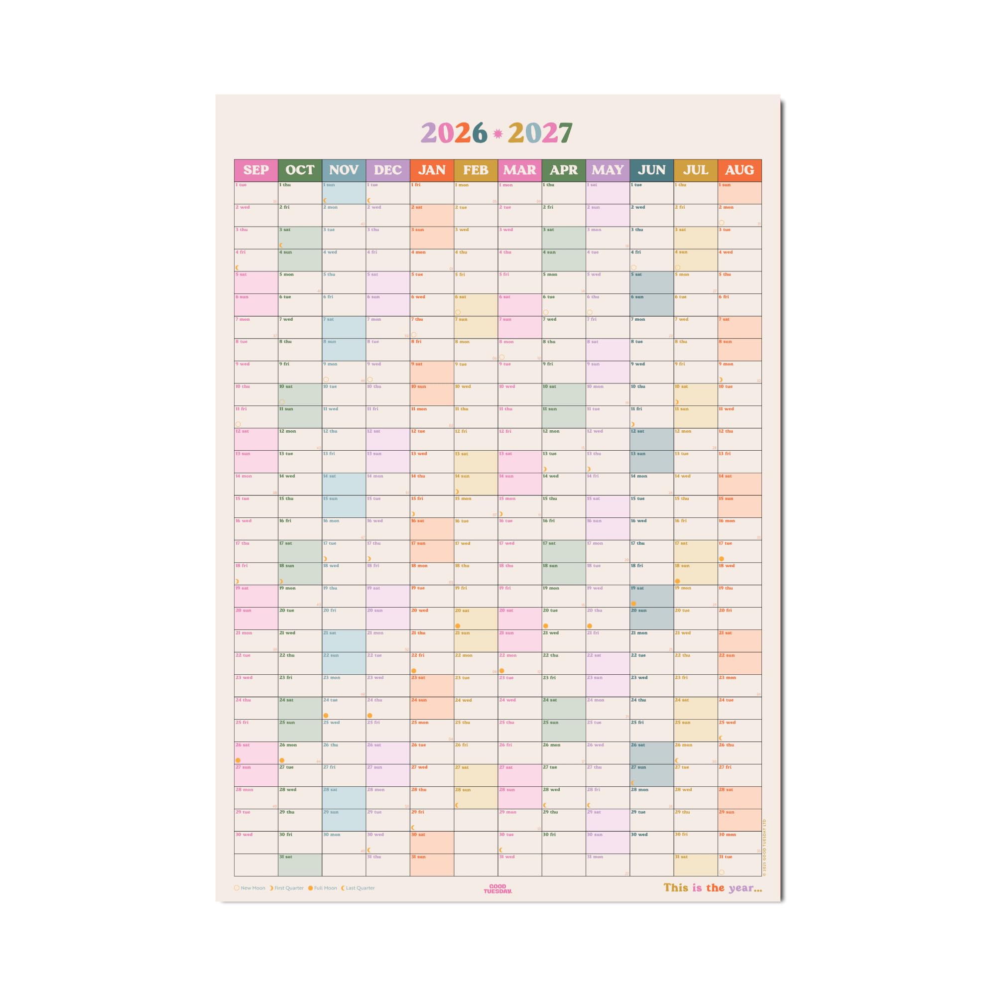 Good Tuesday 2026-2027 Academic Wall Planner, Portrait Layout, Week Numbers & Moon Phases, Recycled Matte Paper, UK Designed & Made, 49 x 70 cm
