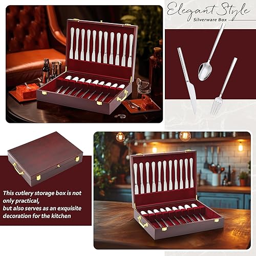 Miniatura 4 de Novabright Caja de almacenamiento de cubiertos de madera con tapa para cubiertos, utensilios de decoración del hogar, organizador de cubiertos con