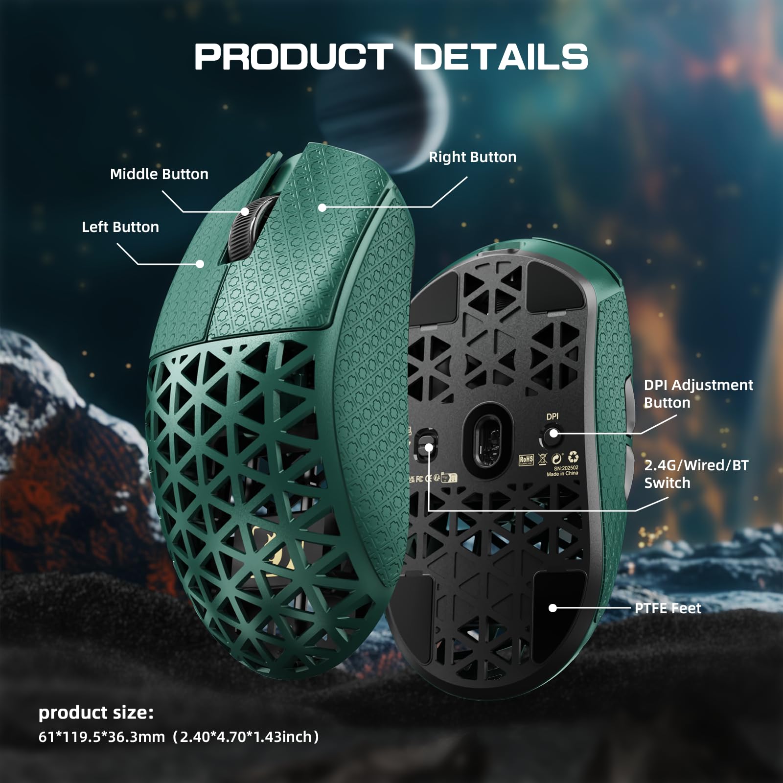 MAMBASNAKE M5 Ultra Souris de Jeu sans Fil en Fibre de Carbone 8000Hz, Jusqu'à 42 000 DPI, Capteur PAW3950 Max, Ultra-légère de 39g, Puce Nordic 52840, 2,4GHz/BT/Filaire, pour PC/Xbox/Mac - Vert