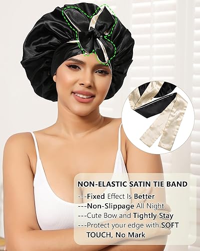 Miniatura 5 de AWAYTR Gorro de satén de seda para el cabello para mujer, gorro de dormir reversible de doble capa (champán + negro 7 78-8)