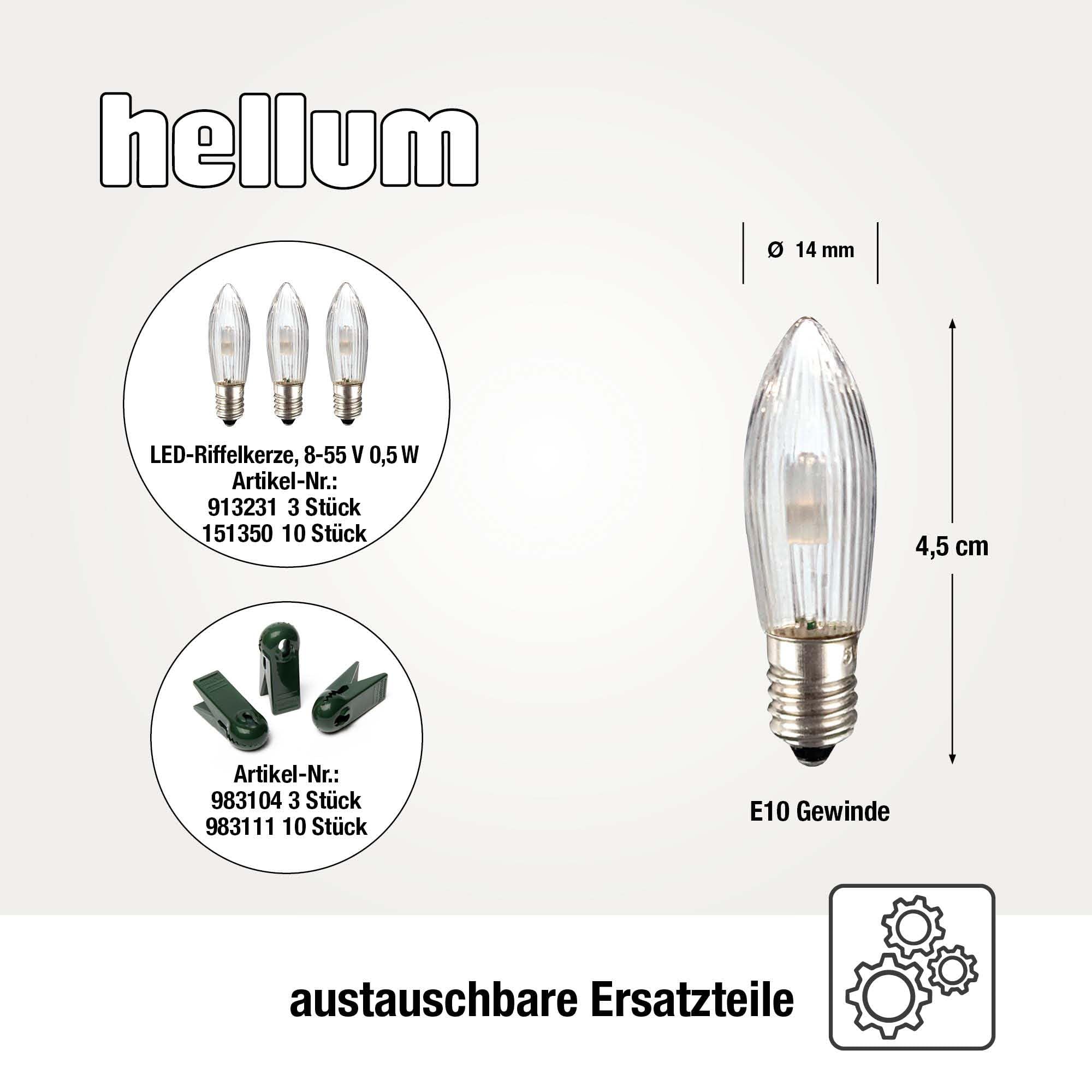 hellum LED Lichterkette Weihnachtsbaum, Made in Germany, Lichterkette mit Clip, 20 Lichter, beleuchtete Länge 13,30 m, Kabel grün, wamrweiß, für Innen, teilbarer Stecker, 3 Ersatzkerzen, <59lm 430165