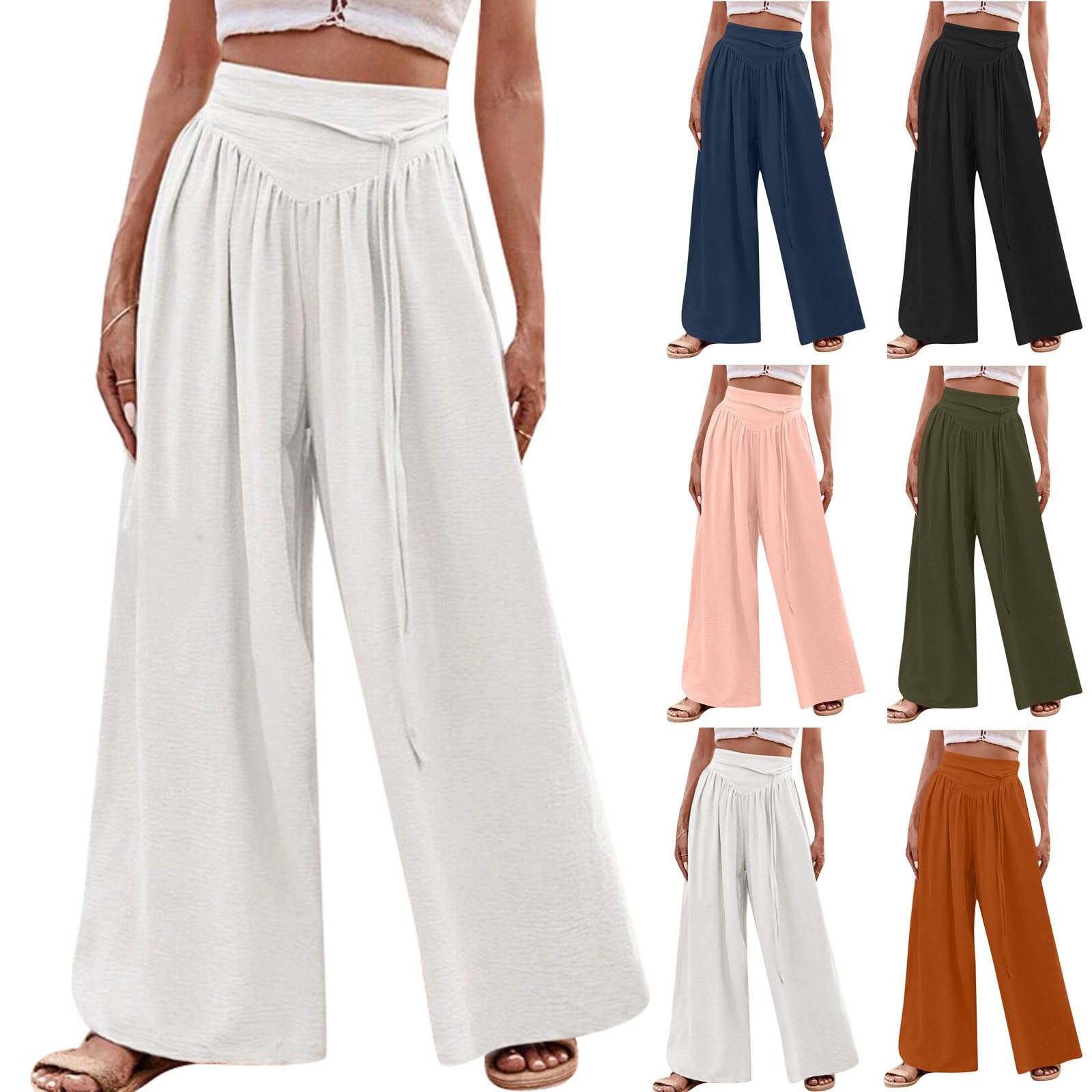 Palazzo Pants for Women Adjustable Drawstring Elastic Waist Pant Wide Leg Boho Casual Flowy Trendy Trouser(White,Medium)