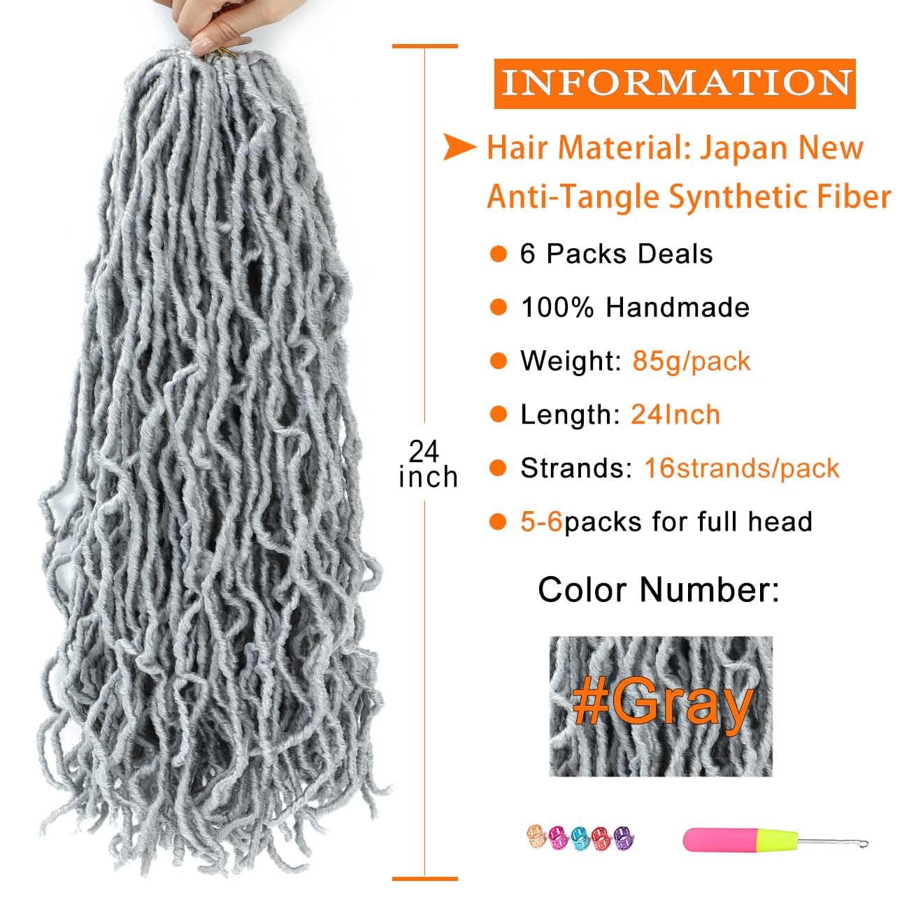Soft Locs Crochet Hair 24 Inch 6 Packs, Grey Faux Locs Crochet Hair Pre Looped Knotless Style Natural Curly Wavy Crochet Braids Hair (24 Inch, 6 Pack, Gray#)