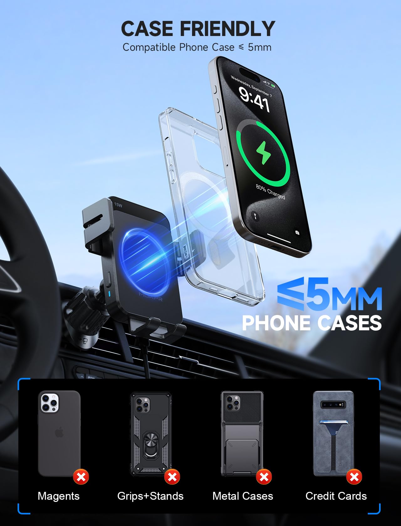 MOKPR 15W Support Telephone Voiture Induction, [Serrage Automatique] Rapide Chargeur Induction Voiture, Grille d'aération Tableau de Bord Pare-Brise pour iPhone 16/15/14/13/12&Samsung S24 S23 S22